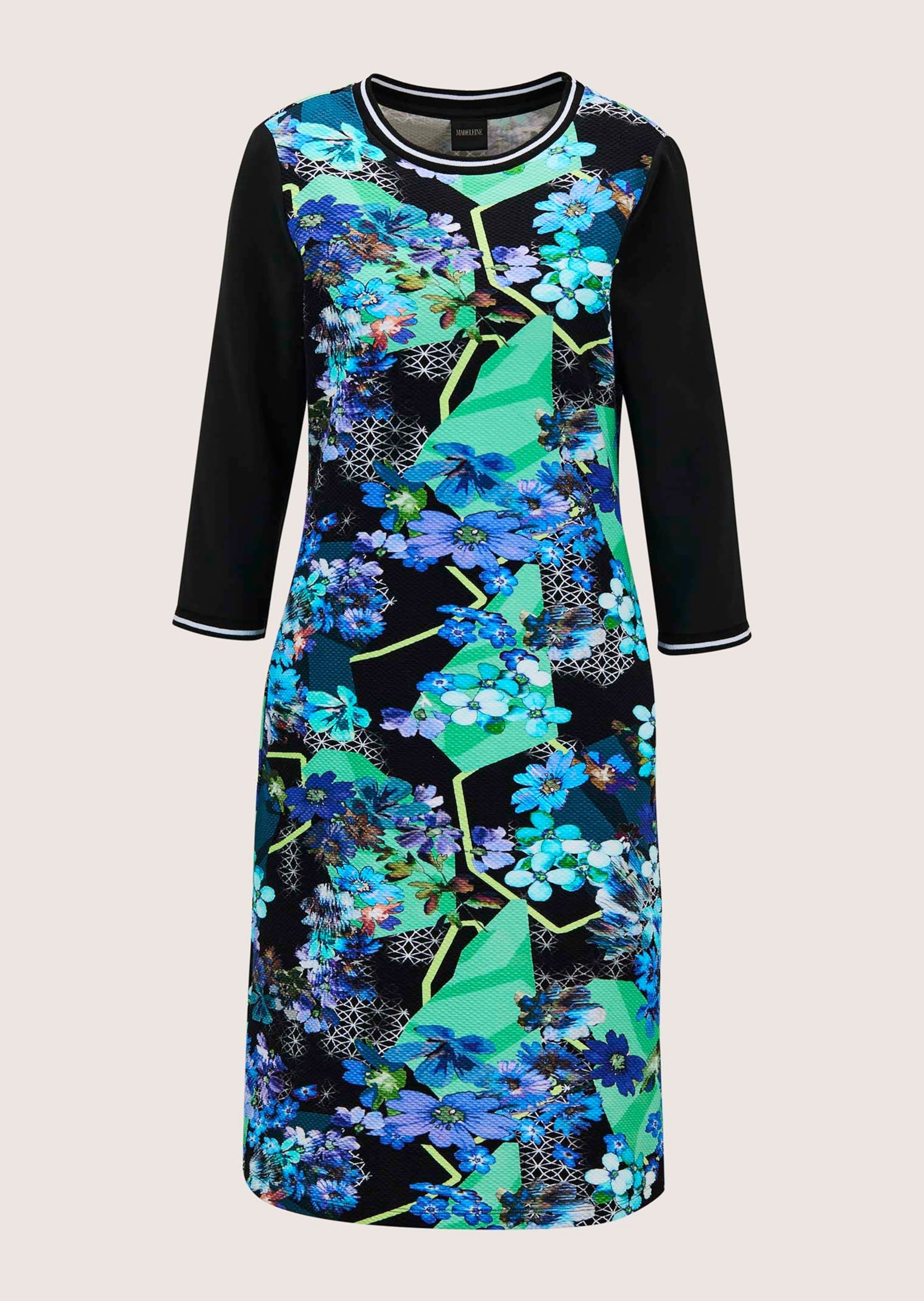 Sommerkleid MADELEINE "Kleid Farbenfrohes Jersey-Kleid", Damen, Gr. 40, N-Gr, blau (türkis, multicolor), Obermaterial: 60% Baumwolle CO. 35% Polyester PES. 5% Elasthan EL., Modern, Kleider Sommerkleid, Kontratsstarke Blende