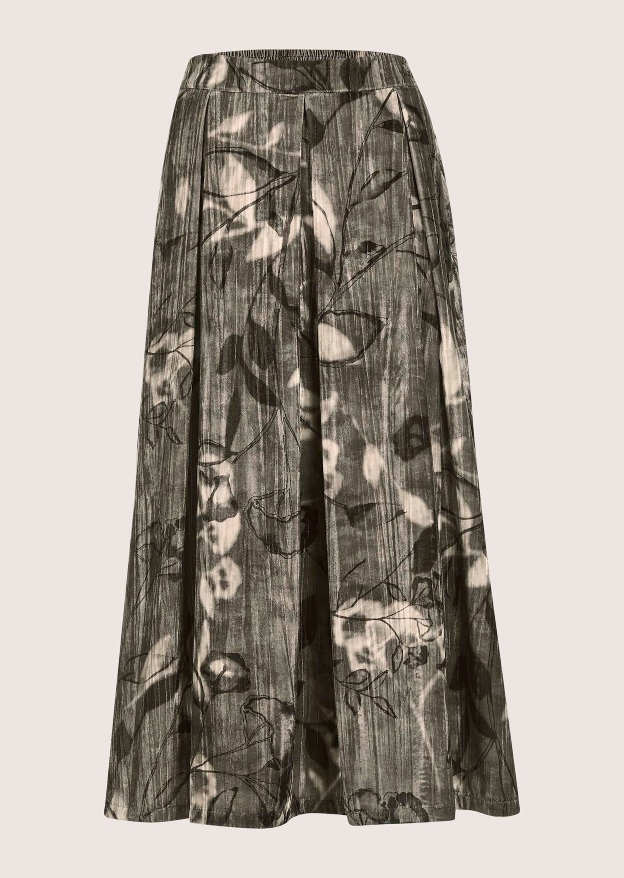 Midirock MADELEINE "Samtrock Eleganter Midirock mit floralem Design", Damen, Gr. 44, grau (bleigrau, multicolor), Obermaterial: 100% Polyester PES., Modern, Röcke, Samtrock in Midilänge mit floralem Print