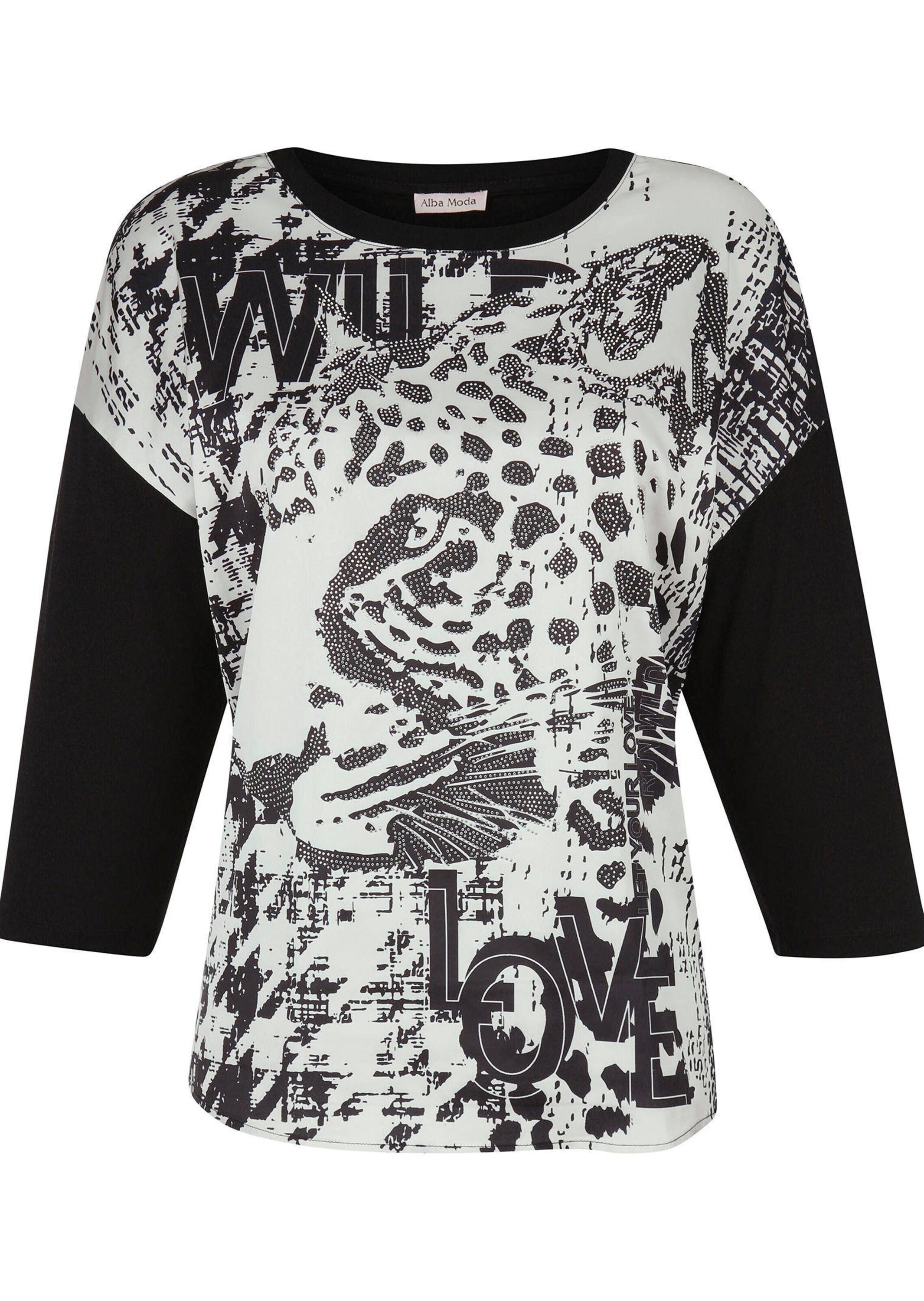 3/4-Arm-Shirt ALBA MODA "Shirt Shirt mit platziertem Druck", Damen, Gr. 36, schwarz, Obermaterial: 95% Viskose CV. 5% Elasthan EL., Shirts 3/4-Arm-Shirt