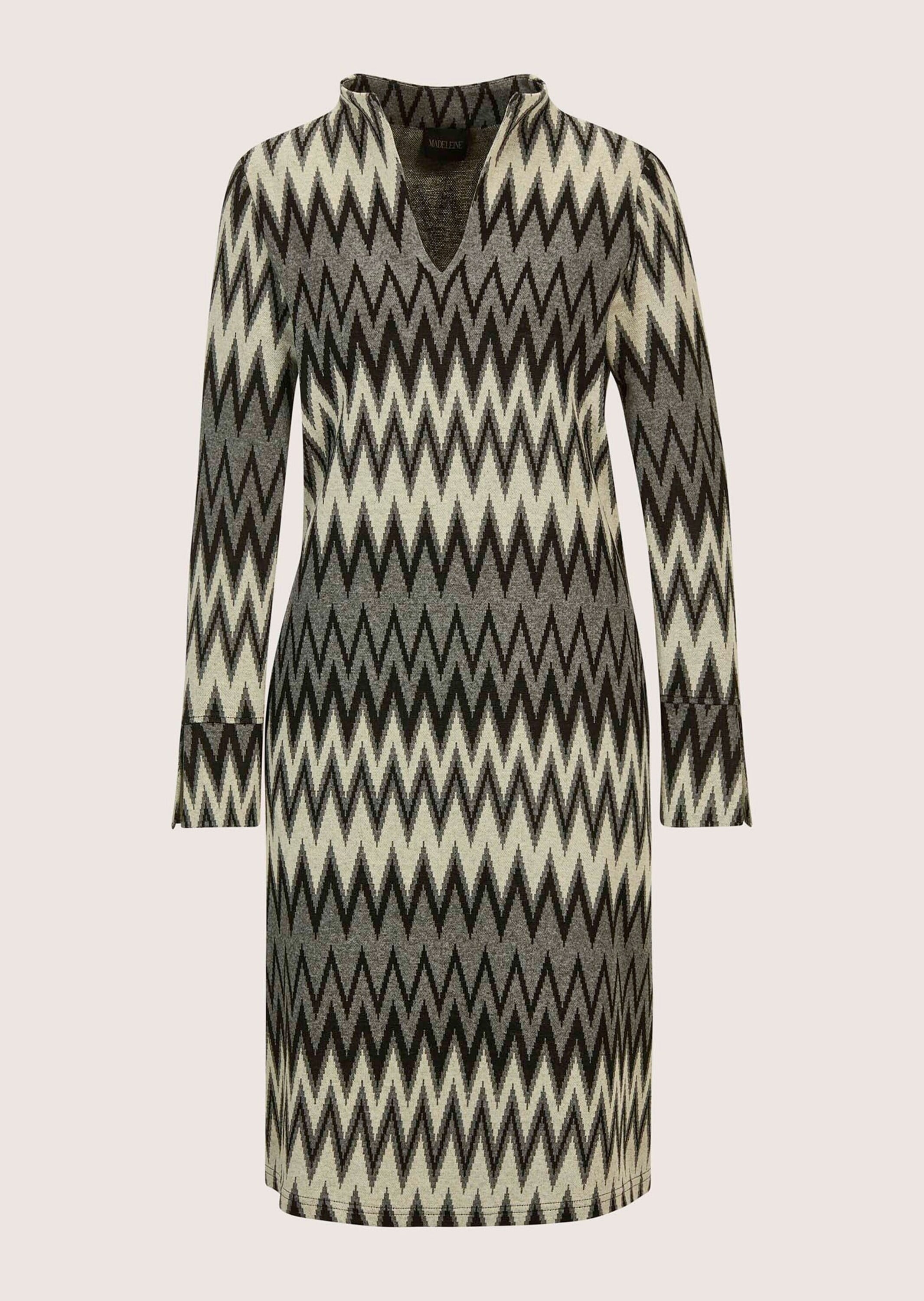 Sommerkleid MADELEINE "Kleid Elegantes Kleid mit Zick-Zack-Muster", Damen, Gr. 44, N-Gr, grau (grau, wollweiß, multicolor), Obermaterial: 63% Viskose CV. 31% Polyacryl PAN. 3% Elasthan EL. 3% Polyamid PA., Kleider Sommerkleid