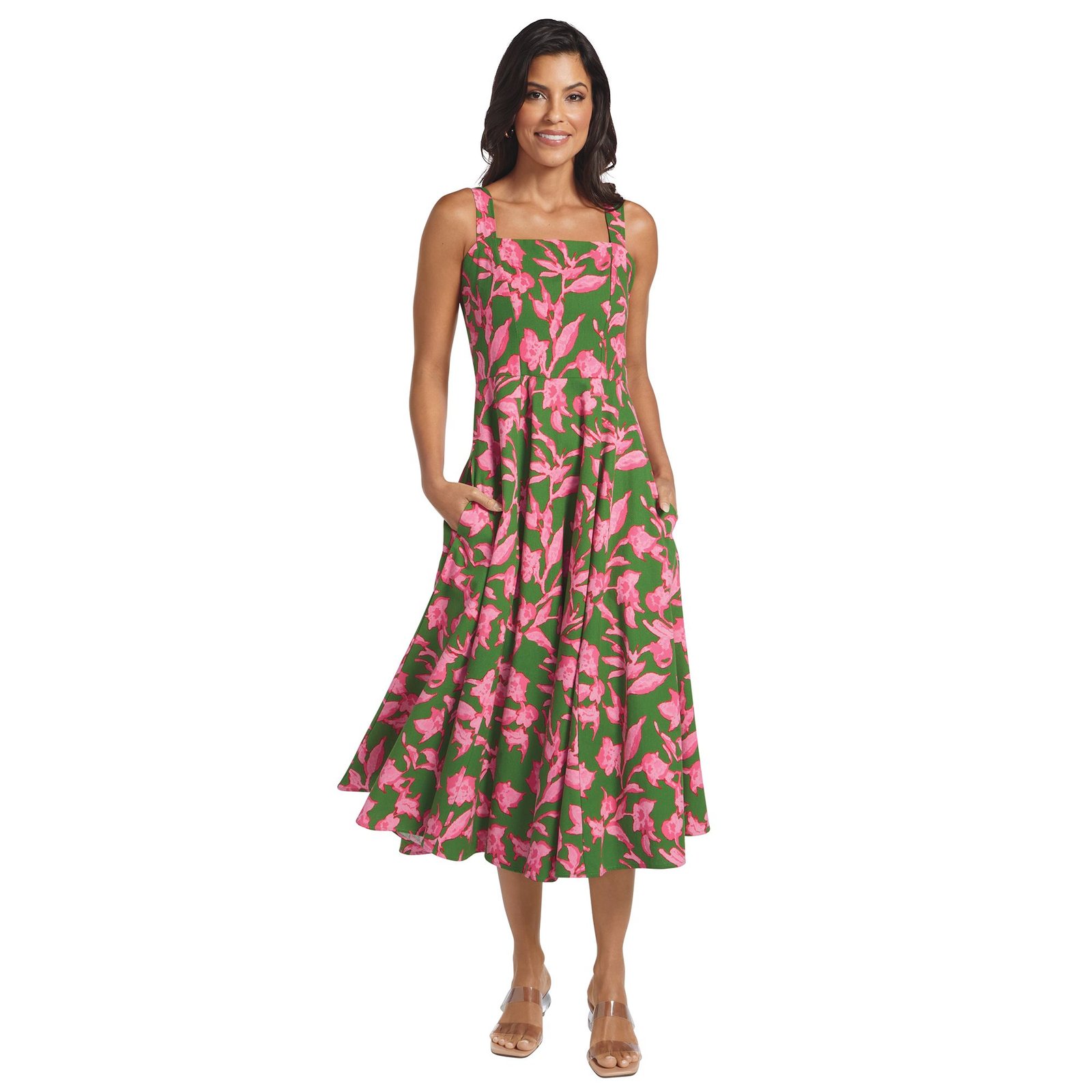 Masseys Daydream Tank Dress (Size S) Green/Pink Floral, Cotton,Linen,Rayon