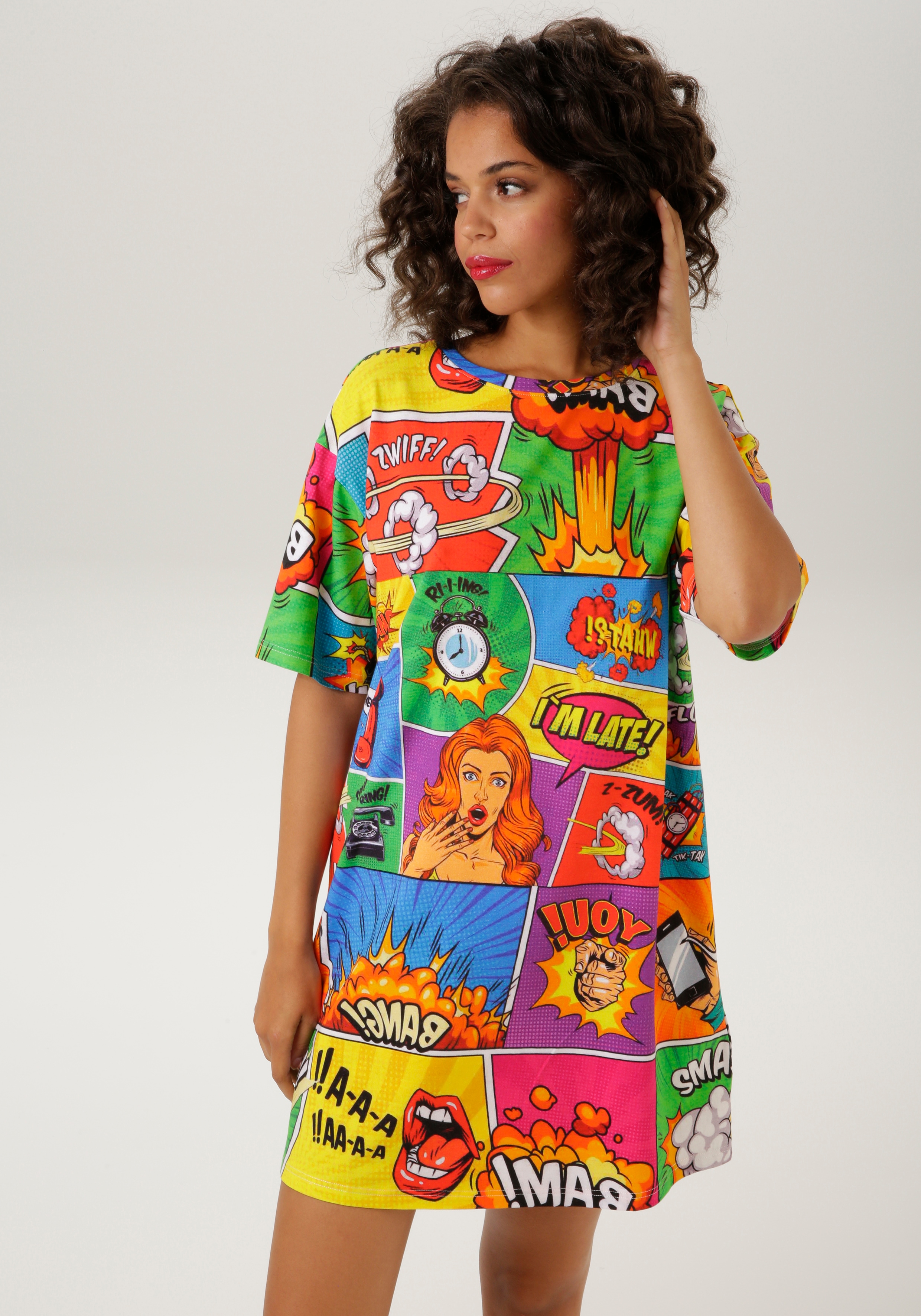 Minikleid ANISTON CASUAL, Damen, Gr. 36, N-Gr, bunt (grün, gelb, pink, lila, orange, blau, gelb, weiß, schwarz, rot), Single Jersey, Obermaterial: 95% Baumwolle, 5% Elasthan, bedruckt, figurumspielend kniefrei, Rundhals, Kleider Minikleid, mit...