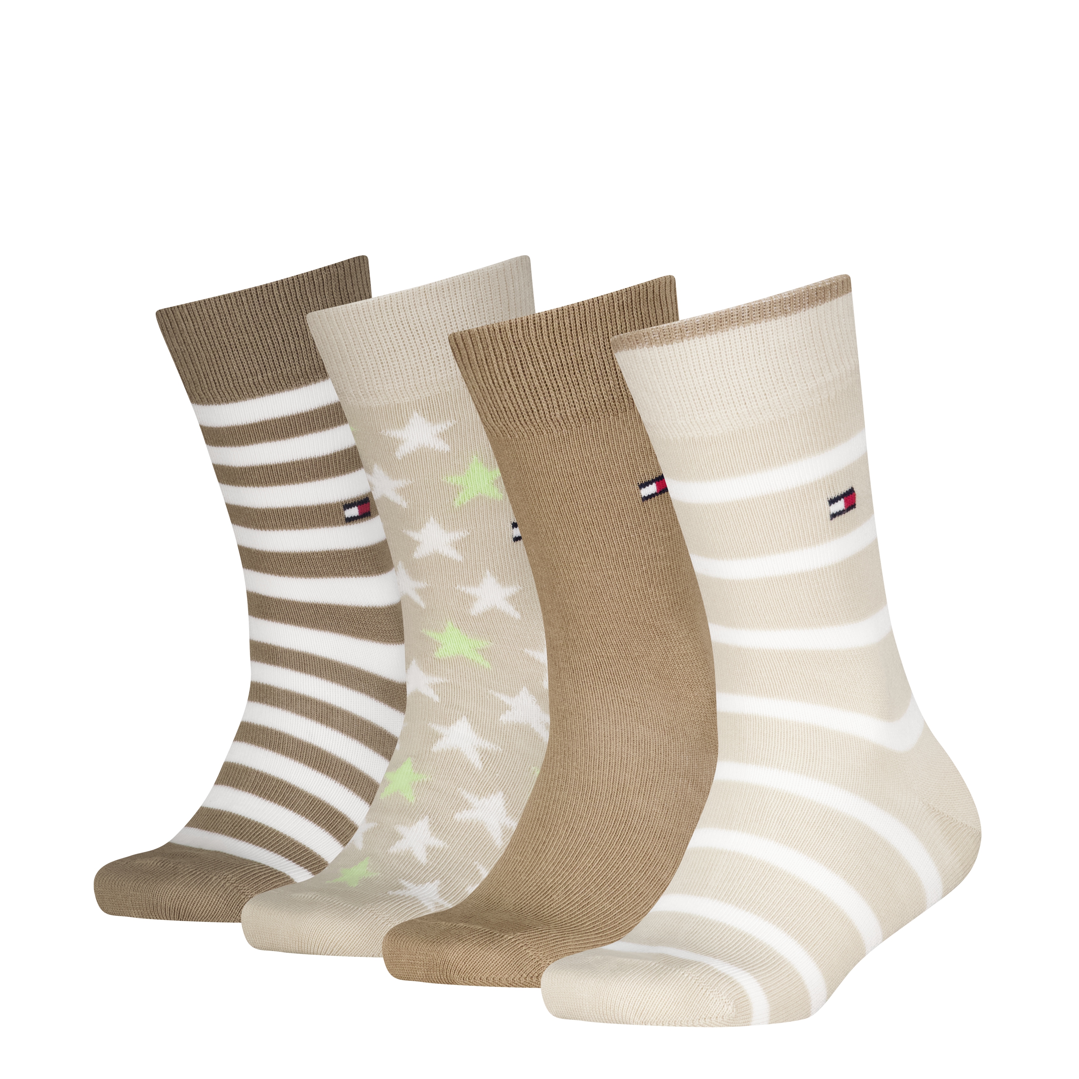 Socken TOMMY HILFIGER "TH KIDS SOCK 4P BRETON STRIPE STARS ECOM", Damen, Gr. 31-34, sand, Obermaterial: 77% Baumwolle, 22% Polyamid, 1% Elasthan, Socken Socken