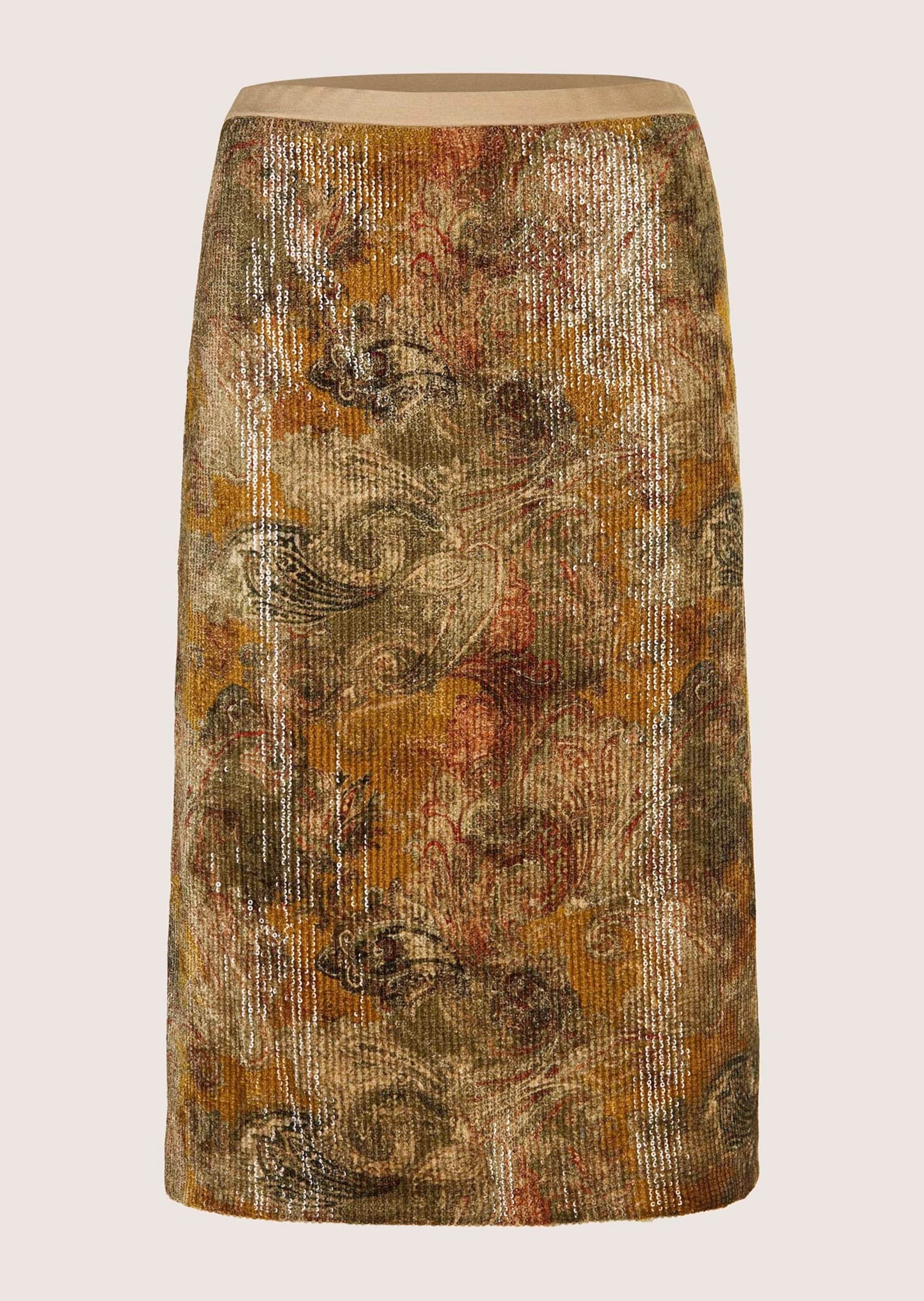 Sommerrock MADELEINE "Samtrock Eleganter Rock mit Paisley-Design", Damen, Gr. 34, beige (beige, schwarz, multicolor), Obermaterial: 47% Polyester PES. 33% Viskose CV. 14% Polyamid PA. 6% Elasthan EL., Modern, Röcke