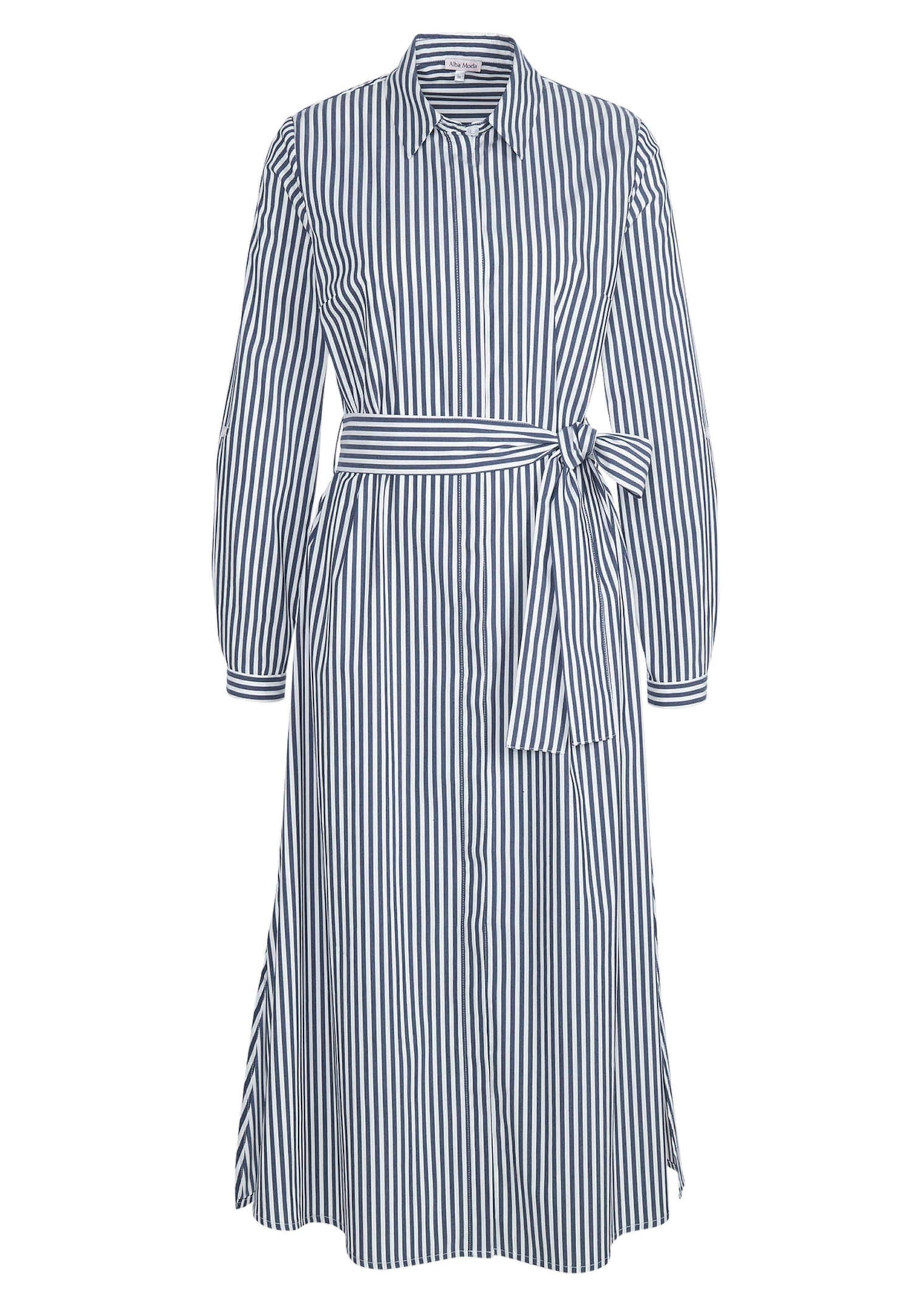 Midikleid ALBA MODA "Kleid Kleid", Damen, Gr. 38, N + K Gr, blau (marine, weiß), Obermaterial: 76% Baumwolle CO. 22% Polyester PES. 2% Elasthan EL., Modern, figurbetont, Kleider Midikleid