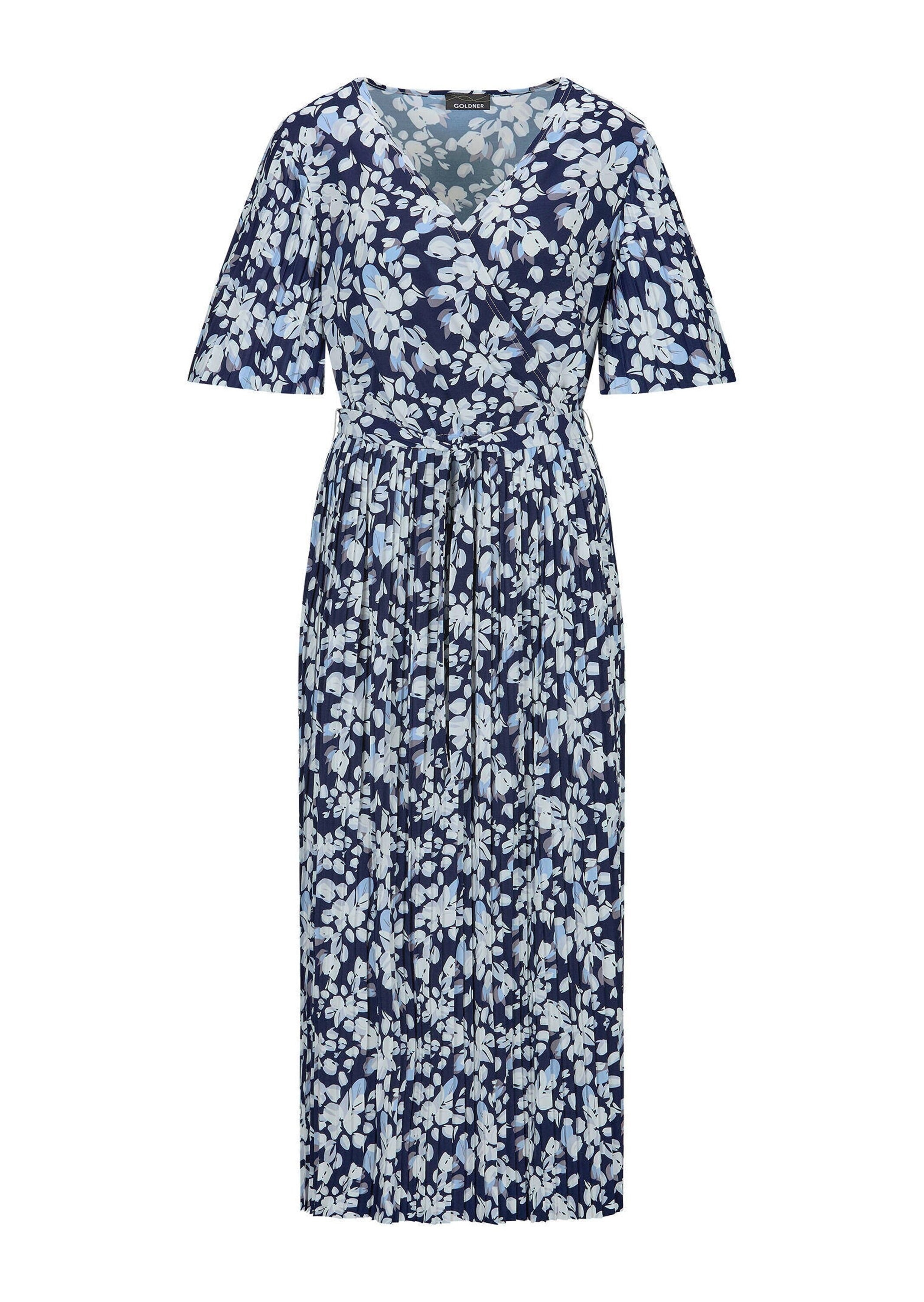 Sommerkleid GOLDNER "Elegantes Plisseekleid in Wickeloptik", Damen, Gr. 46, N-Gr, blau (marine, weiß, geblümt), Obermaterial: 92% Polyester PES. 8% Elasthan EL., Kleider Sommerkleid