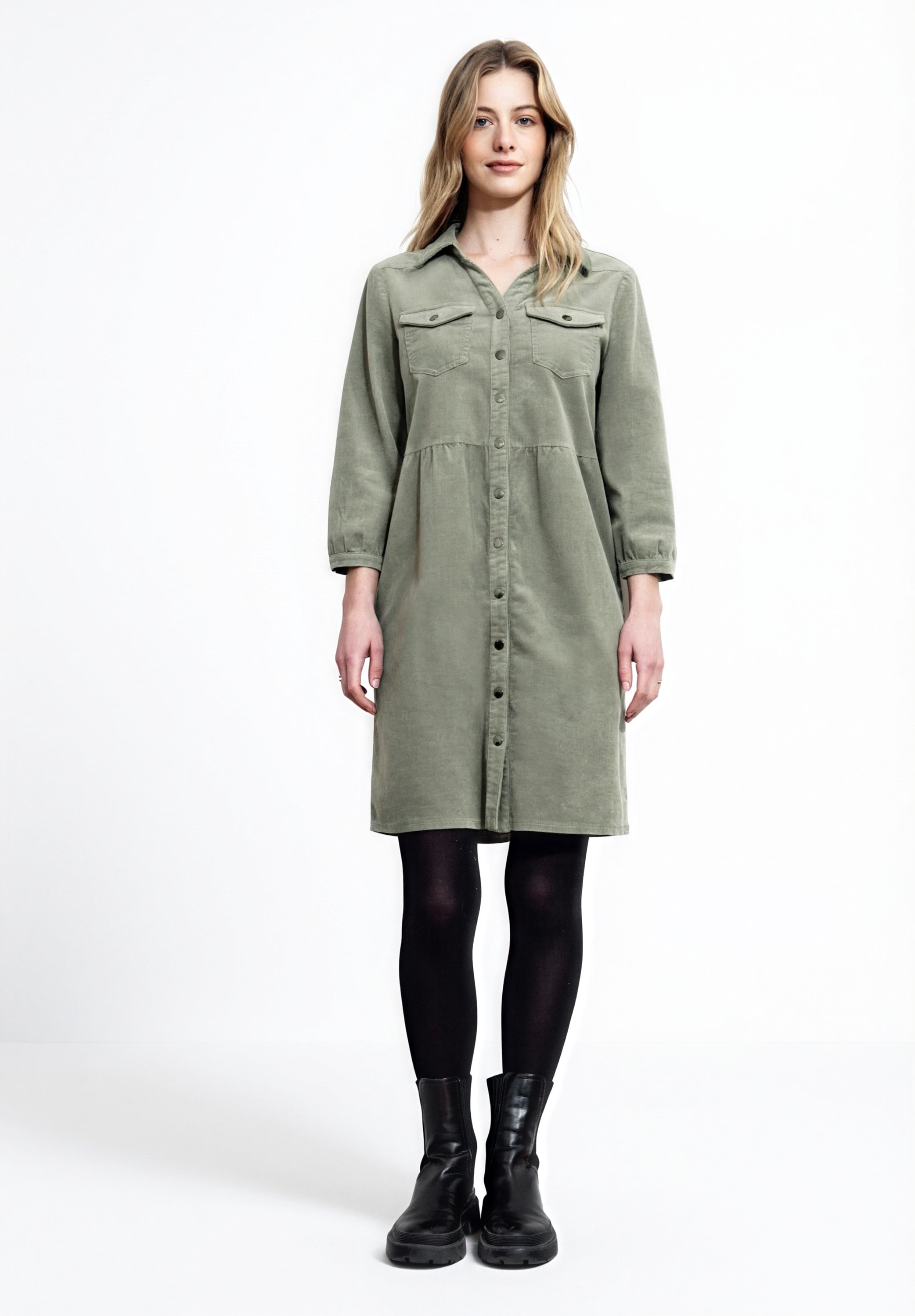 Jeanskleid STREET ONE STUDIO, Damen, Gr. 44, EURO-Größen, reed grün, Cord, 98% Baumwolle, 2% Elasthan, unifarben, comfort fit knieumspielend, V-Ausschnitt, Bündchen, Kleider, mit Volant