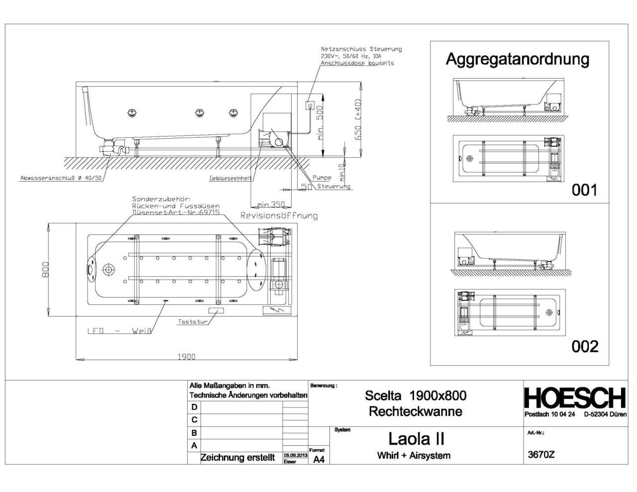 Hoesch Whirlwanne Scelta 3670 & Laola II Whirl+Air, 3670Z.010305002 Image