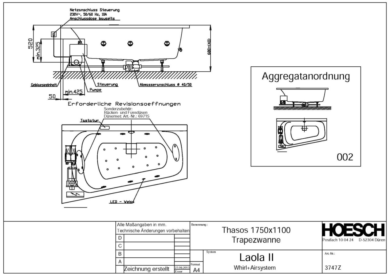 Hoesch Whirlwanne Thasos 3747, 1750 x 1100 mm & Laola II Whirl+Air, 3747Z.010305002 Image