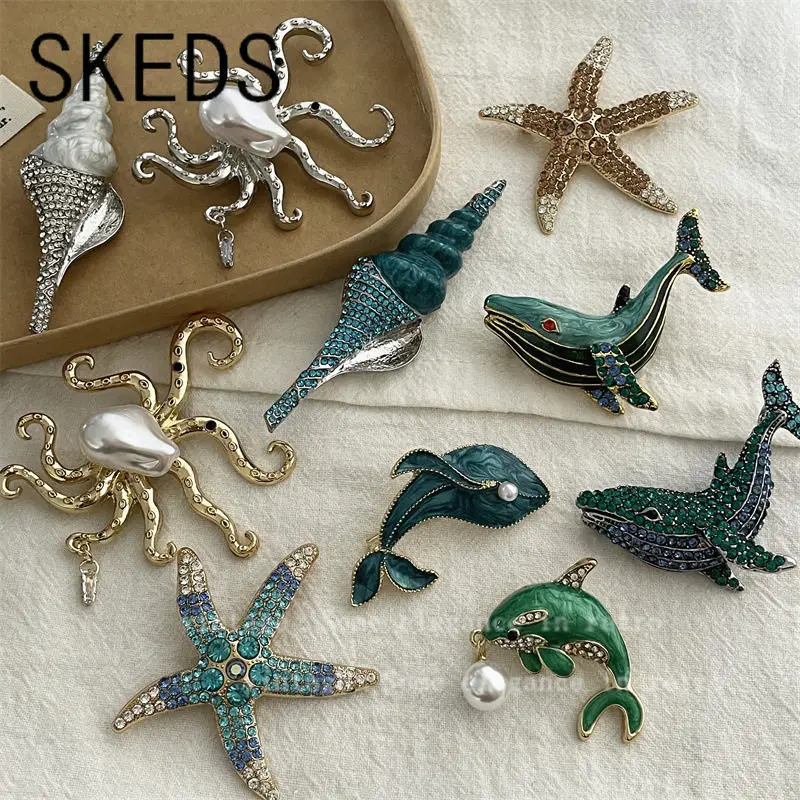 SKEDS Neue Strass-Meerestier-Brosche Exquisite Modische Wal- und Muschel-Broschen Vintage Elegante Anstecknadel für Taschen und Hüte Image