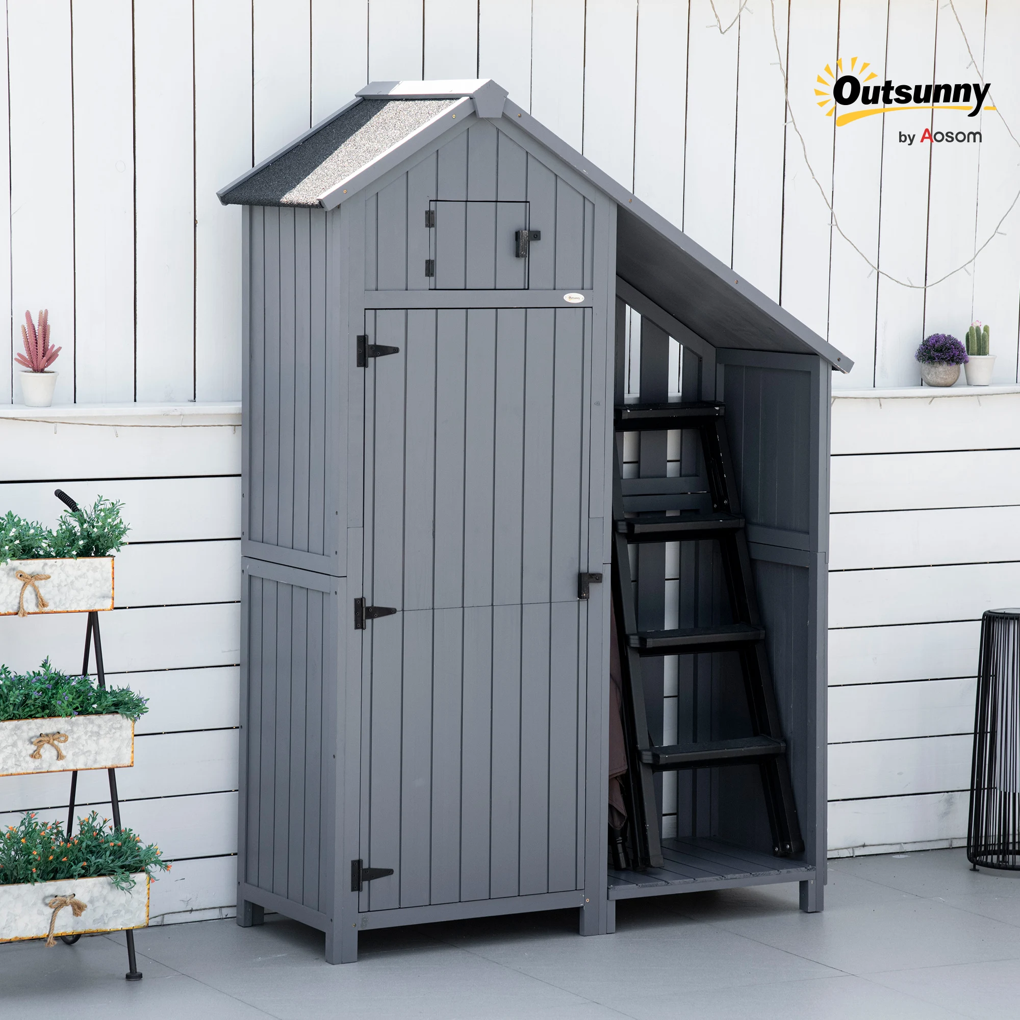Outsunny Gartenschrank Holz Geräteschuppen Geräteschrank Tannenholz Grau+Schwarz