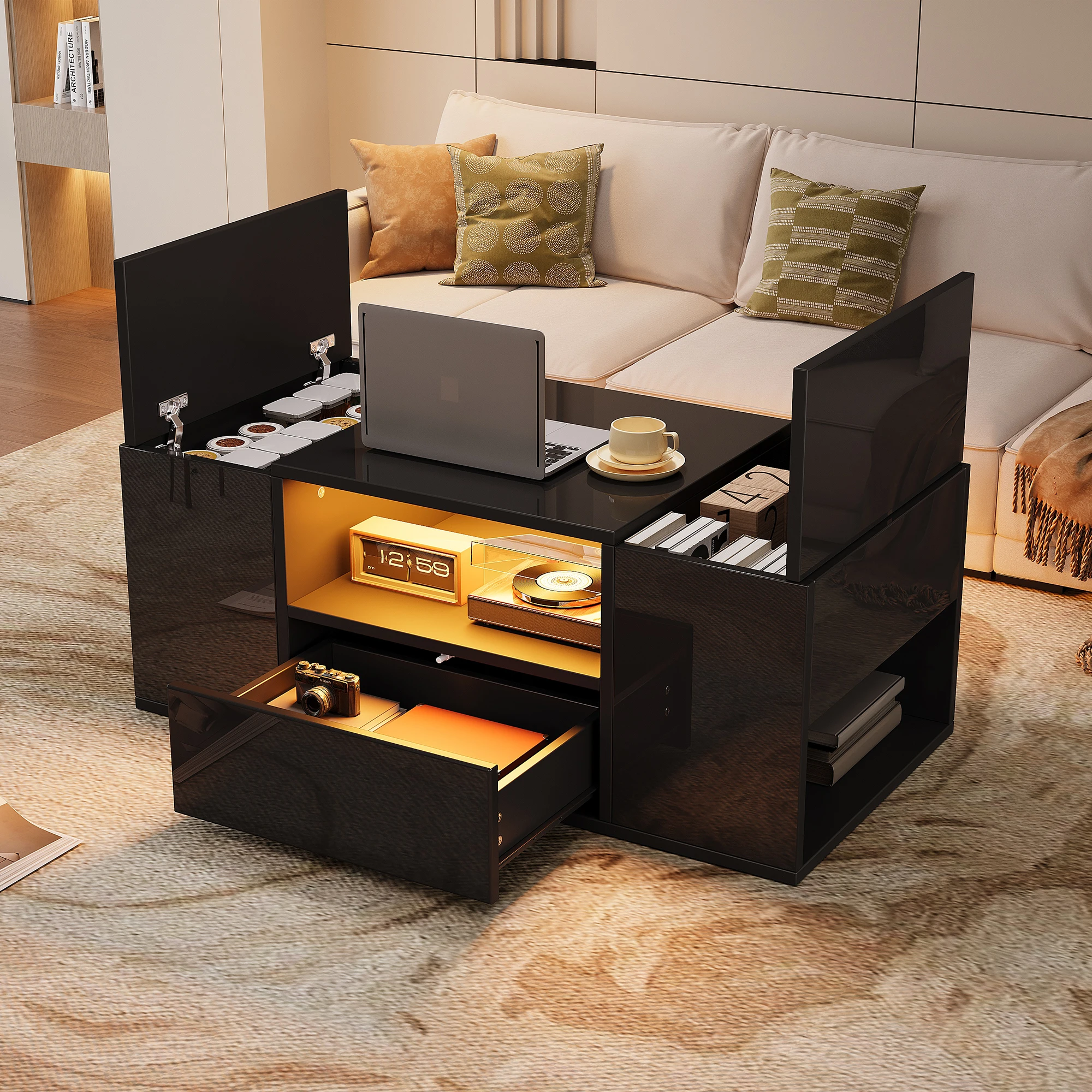 Klappbarer Couchtisch (100 x 50 x 40 cm), Beistelltisch mit Schublade, Sofatisch mit zwei Schränken, mit LED-Lichtleisten, 6 Staufächer