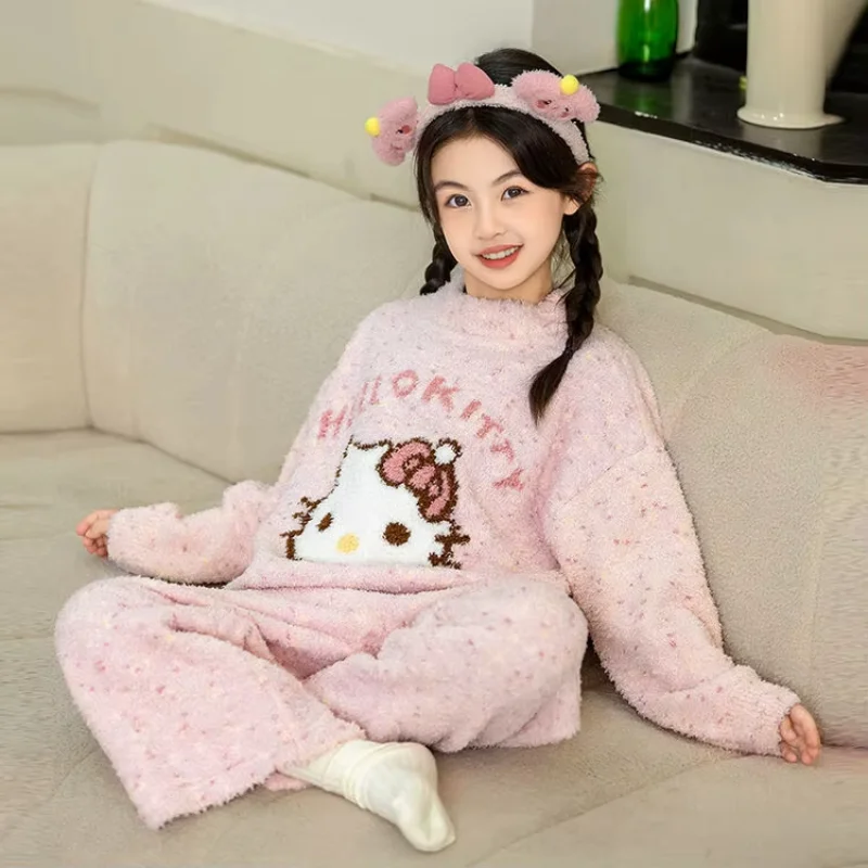 Sanrio Hello Kitty Kinder Plüsch Pyjama Set Anime Kawaii Cartoon Homewear 2 Stücke Drucken Bequeme Mädchen Flanell Casual Hause Kleidung