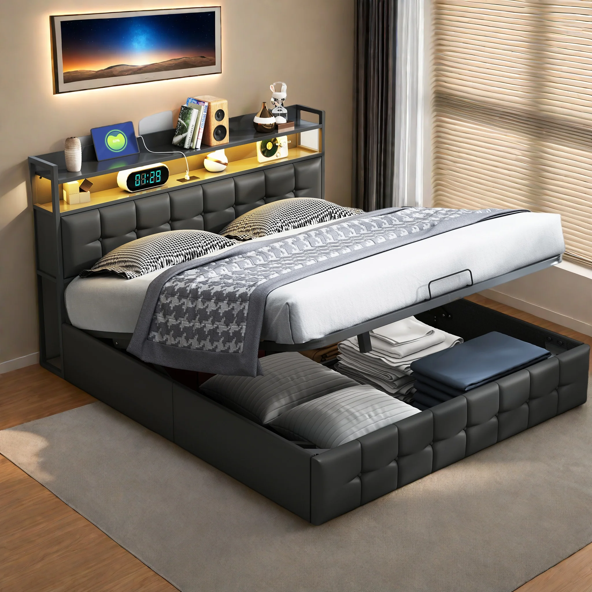 Bett 140x200 cm, Polsterbett Doppelbett mit LED und USB, Kopfteil mit Stauraum, Boxspringbett Jugendbett Hydraulisches Bett mit Bettkasten und Lattenrost, PU, Schwarz, Ohne Matratze