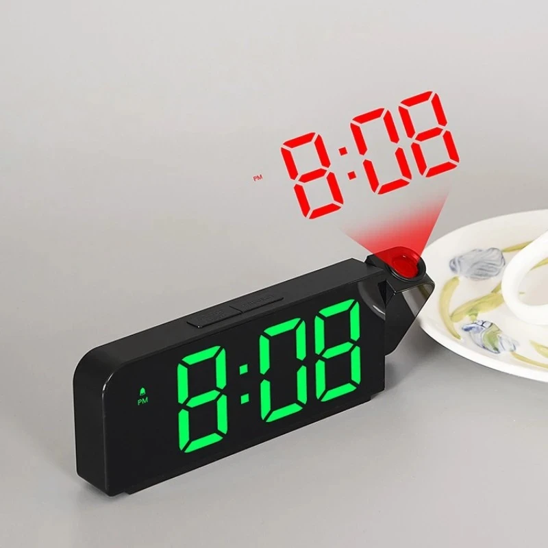 USB-betriebener digitaler LED-Projektionswecker mit Temperatur, Datum, Nachtmodus, Ausschaltspeicher, Dual-Display, 12 Stunden/24 Stunden Image