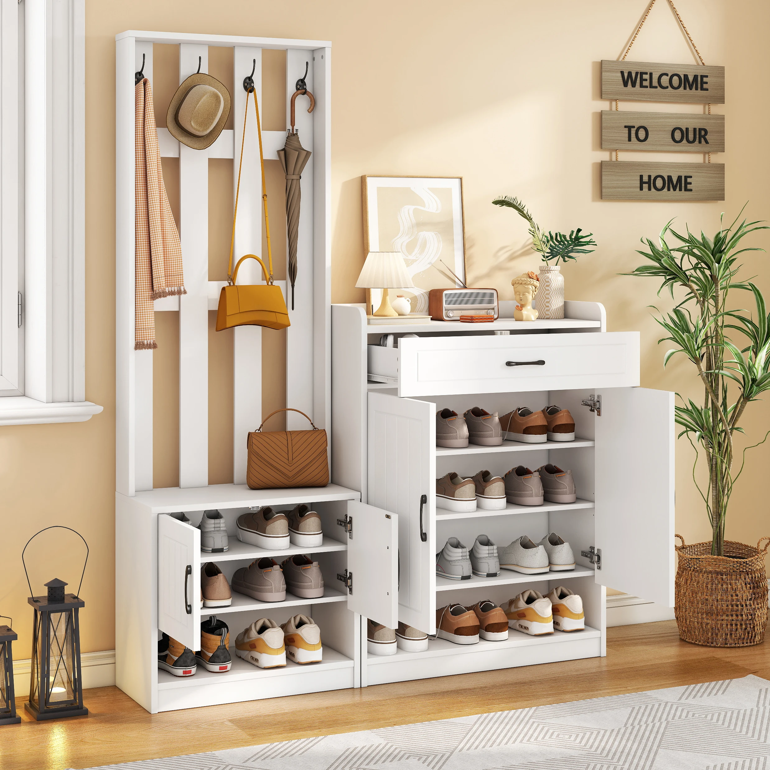 Weißes Kleiderschrank-Set 140,6 x 32 x 180 cm, Flur-Kleiderschrankpaneel + Schuhschränke, mattes Finish, Flurmöbel, Flur-Wäscheständer