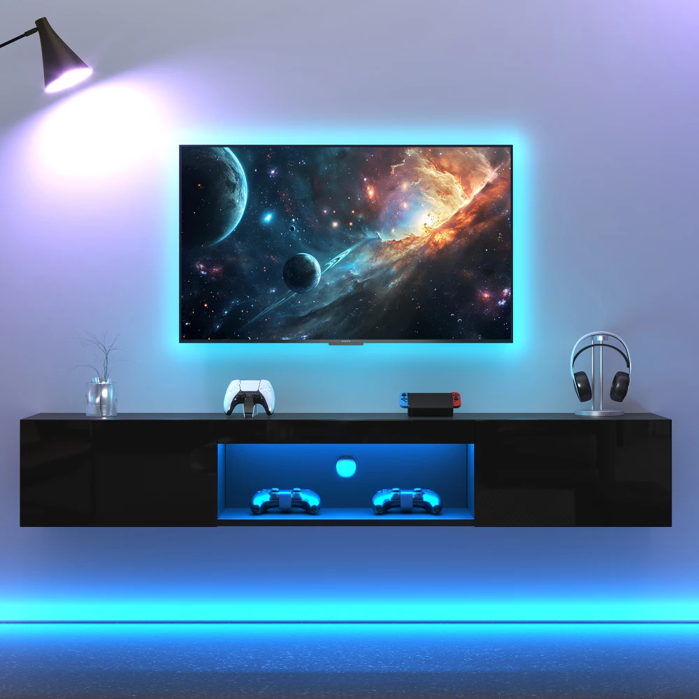 Robuster Schwarzer Hochglanz-TV-Schrank zur Wandmontage mit LED-Beleuchtung 35kg Tragfähigkeit Passend für 70'' Fernseher Modernes Entertainment-Lowboard Image