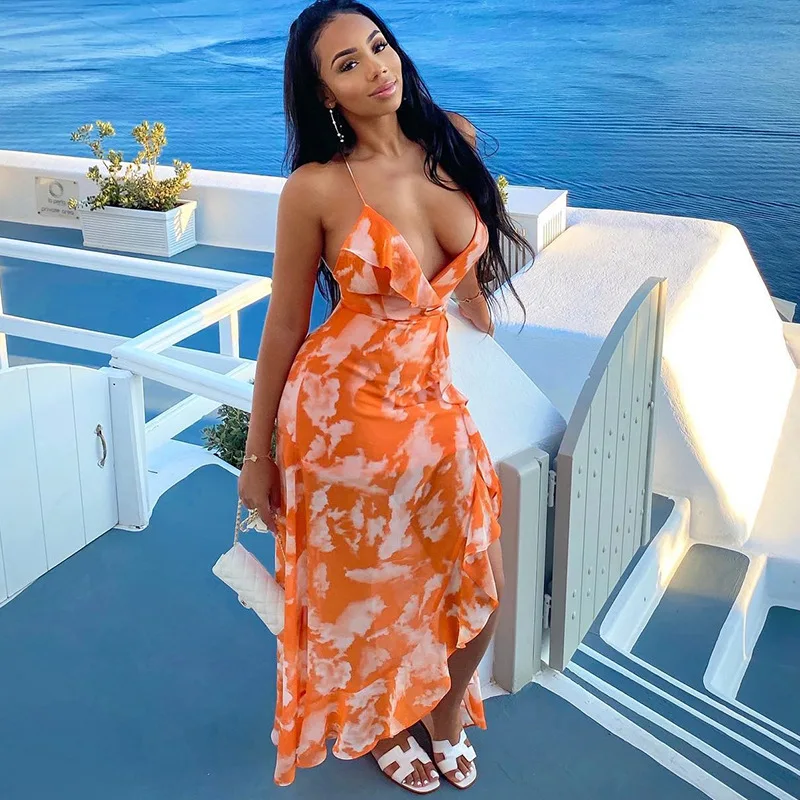 Kleid V-Ausschnitt lange Kleider rücken freie Mode sexy Leibchen Frauen Kleid Sommer Party Kleid drucken orange langen Rock Abendkleider