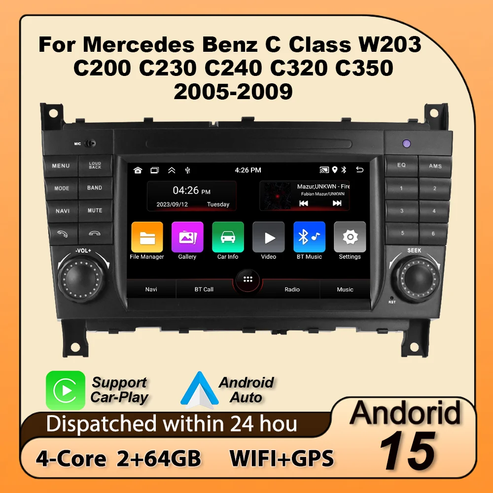 Für Mercedes Benz C-Klasse W203 CLC W203 2004-2007 Android 15 64G 2 Din Autoradio Kabelloses Carplay GPS Zentraler Multimedia-Player Image