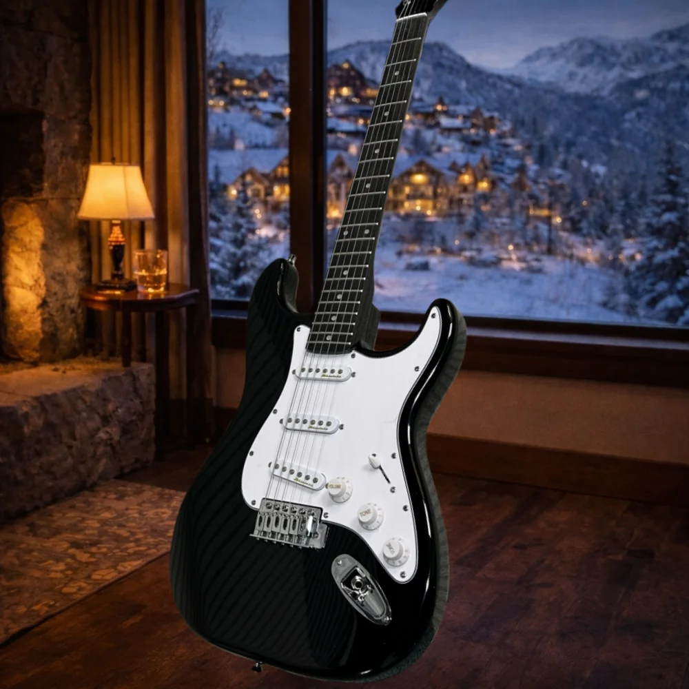Deutsches Lager: Jet-schwarze Gitarre mit weißem Schlagbrett, SSS-Tonabnehmer, geeignet für Anfänger und professionelle Auftritte Image