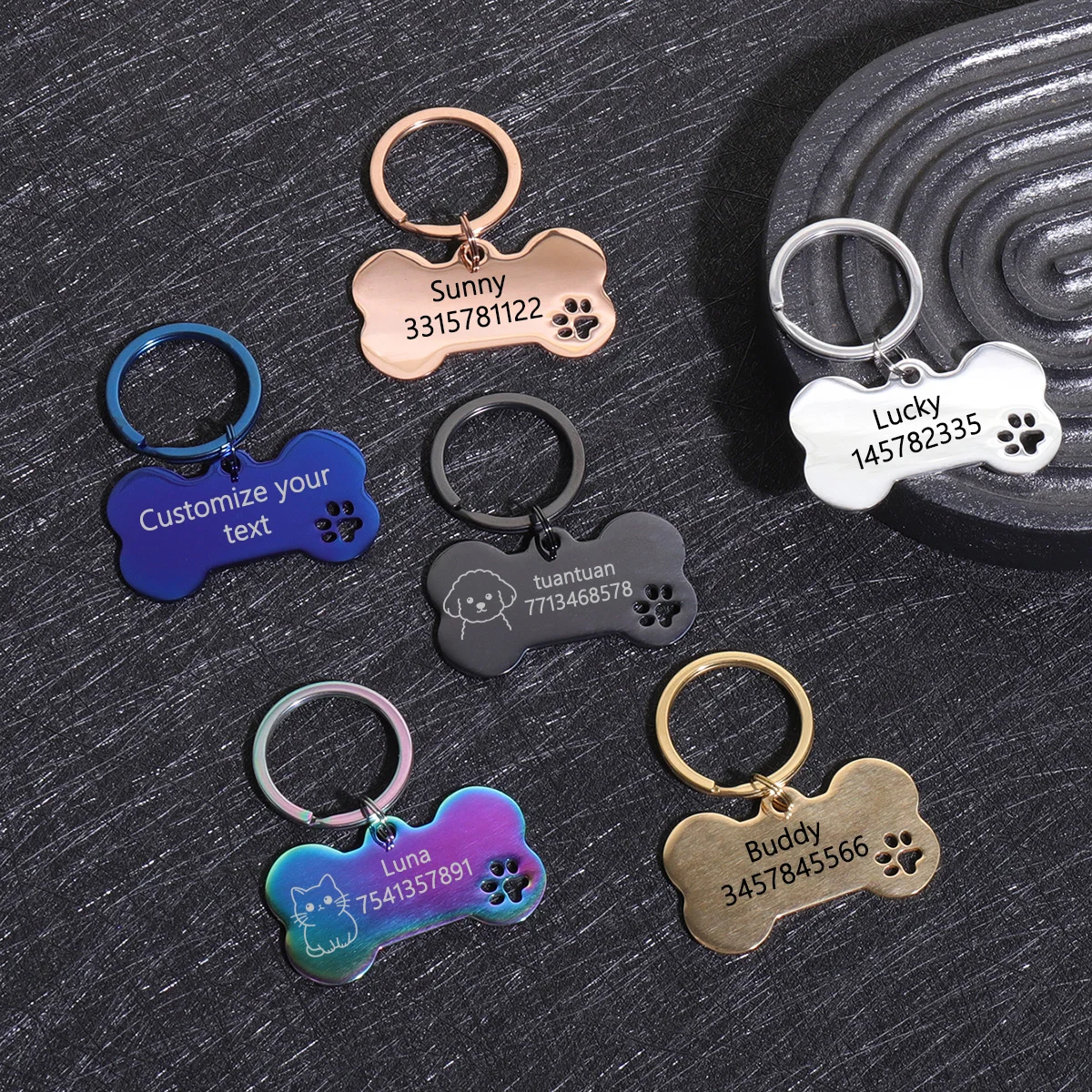 Personalisierte Hundemarken mit individuellem Text, Namensschild für Hunde und Katzen, Knochenförmiger Anhänger mit Lasergravur, Adressnummer, Maßgefertigte Haustier-ID-Marke Image