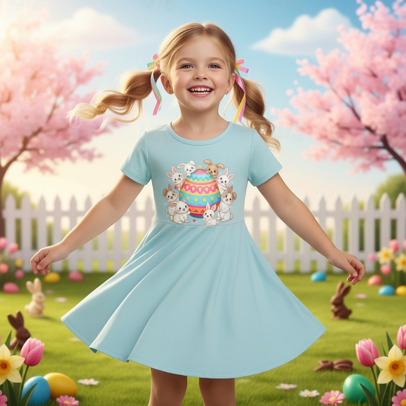 Easter Girls' 3D Graphic Rabbit Bunny Dress Short Sleeve 3D Print Summer Spring Daily Vacation Party Cute Basic Casual Kids 4-12 Years Casual Dress A Line Dress Knee-length Regular Fit