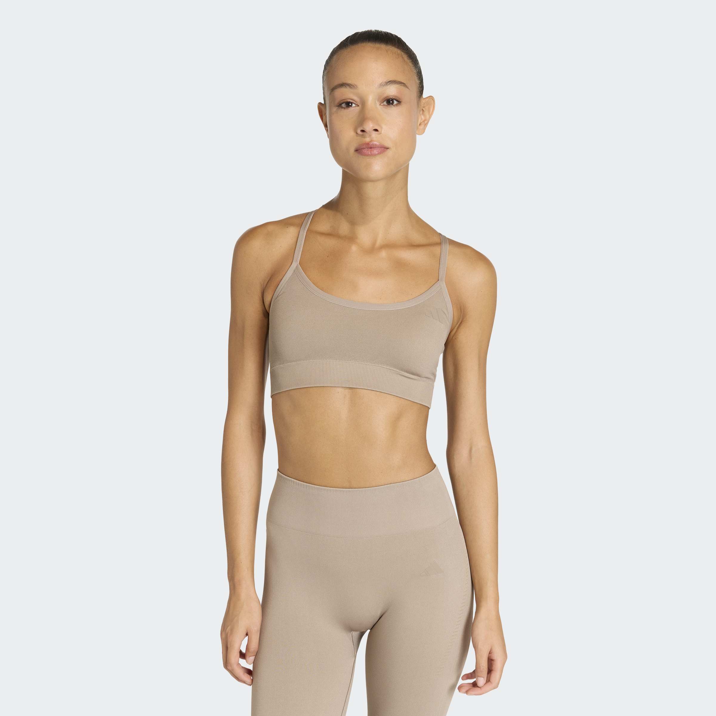 Sport-BH ADIDAS PERFORMANCE "WORKOUT ESSENTIALS KNIT LIGHT SUPPORT PADDED BH", Damen, Gr. L, N-Gr, chalky braun, Obermaterial: 74% Polyamid, 19% Polyester, 7% Elasthan, BHs Sport-BH