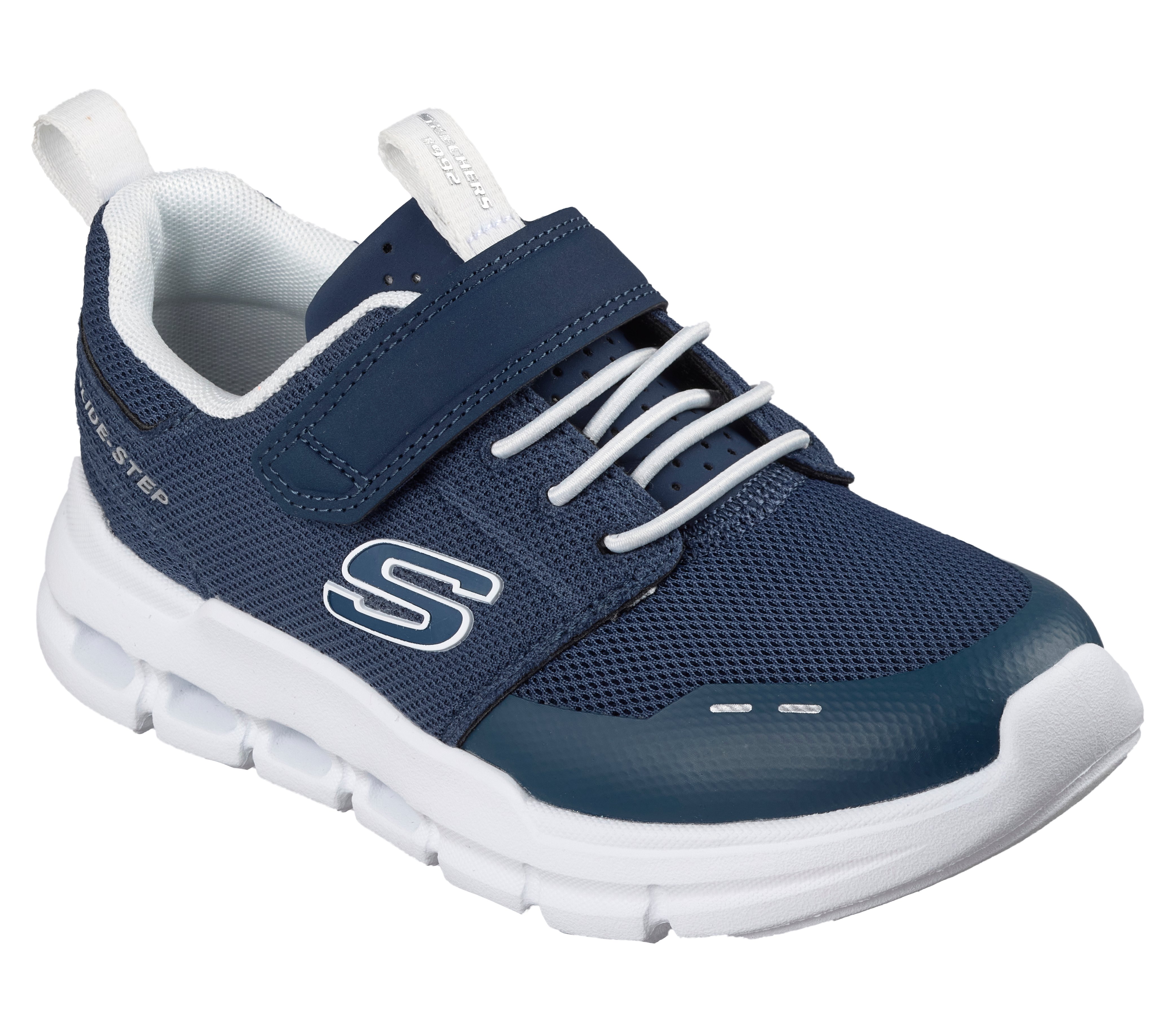 Sneaker SKECHERS "SKECHERS GLIDE-STEP FLOW", Mädchen, Gr. 35, navy, Synthetik, Textil, Mesh, unifarben mit Farbeinsatz, Schuhe Sneaker, Freizeitschuh mit Klett, Größenschablone zum Download Image
