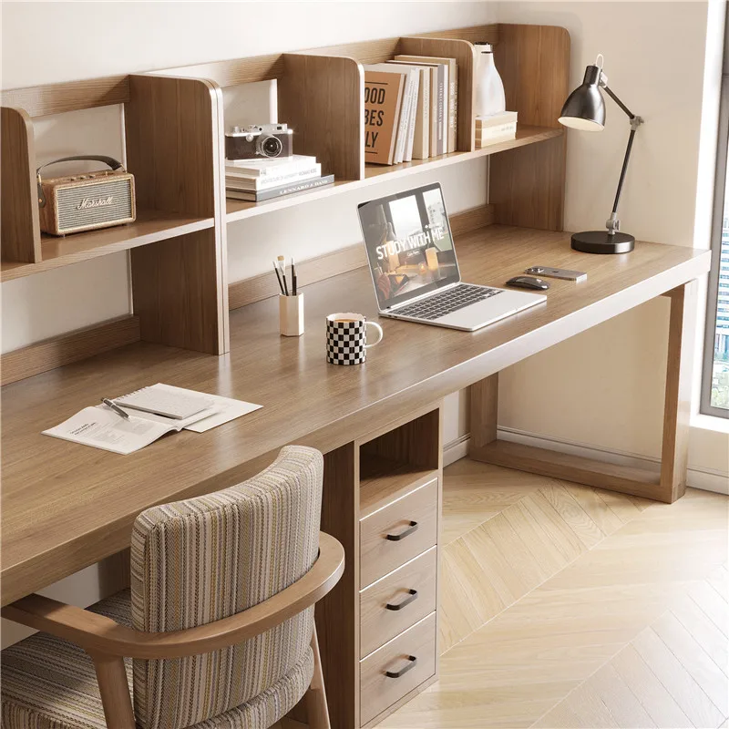 Massivholz-Schreibtisch für Doppelcomputer und Schlafzimmer, Bücherregal, integrierte Wand, langer Schreibtisch für Kinderzimmer Image