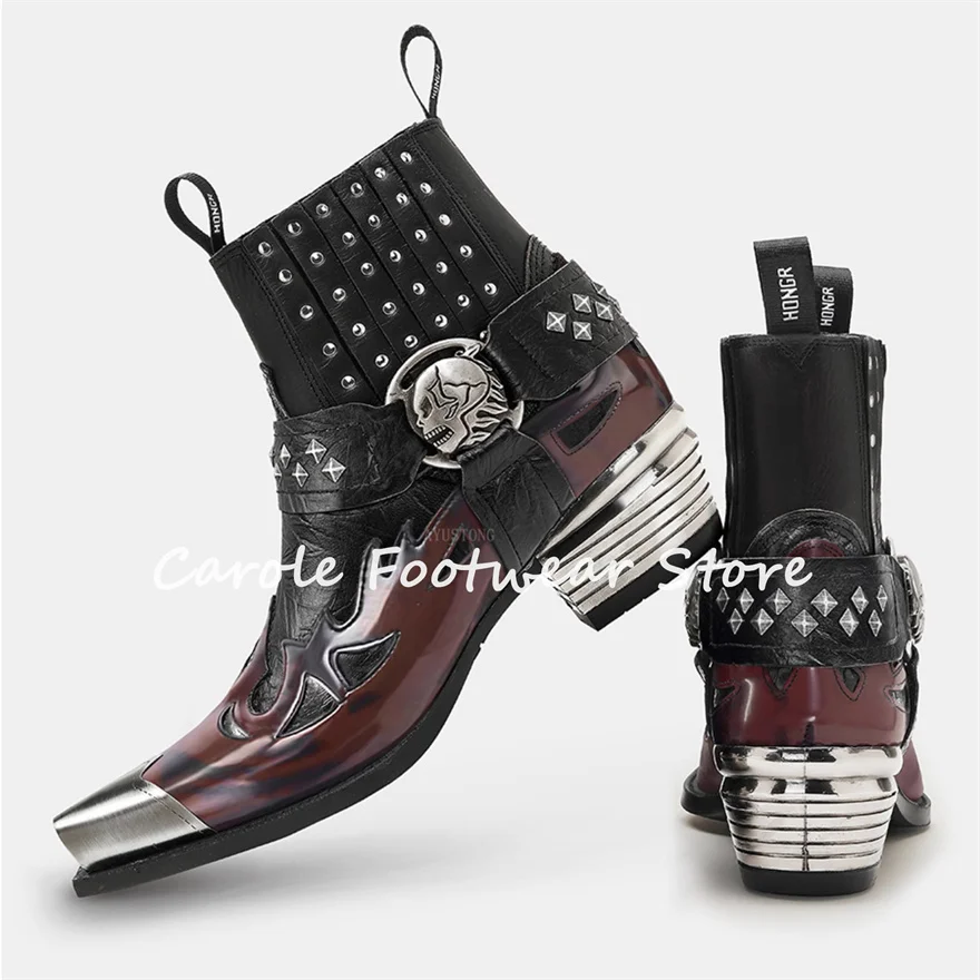 Punk Niet Schädel Metall Karree Chelsea Stiefel für Männer Gemischte Farbe Leder Western Cowboys stiefel Männliche Casual Stiefeletten Image