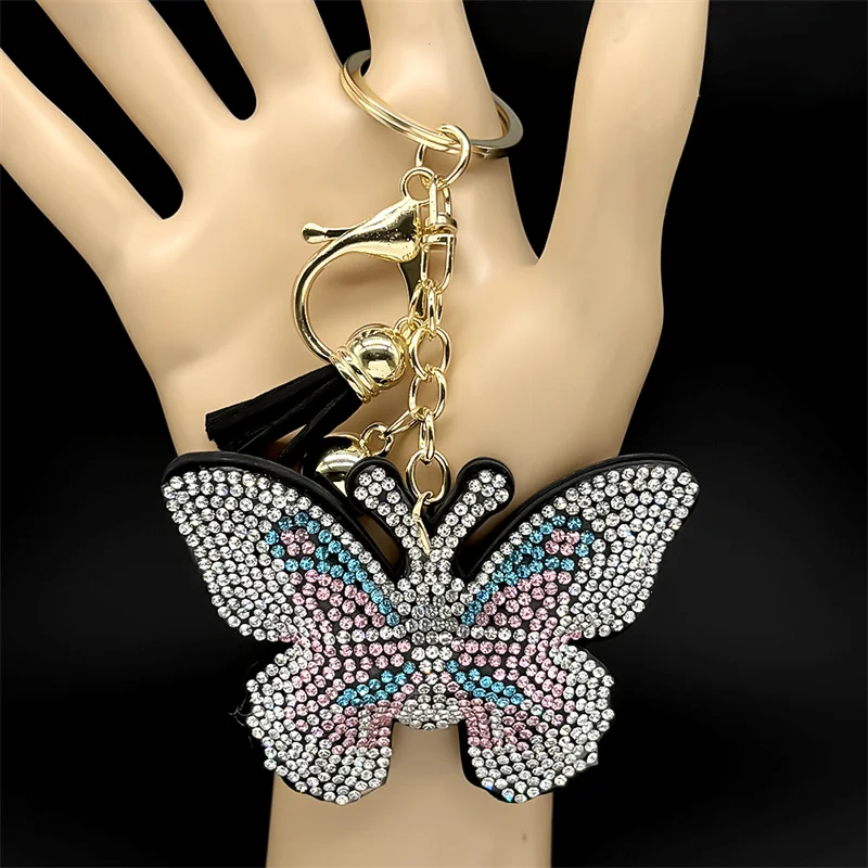 Gothic Bunte Strass Schmetterling Tasche Anhänger Schlüsselanhänger für Frauen Edelstahl Gold Farbe Tier Schlüsselanhänger Schmuck Geschenk