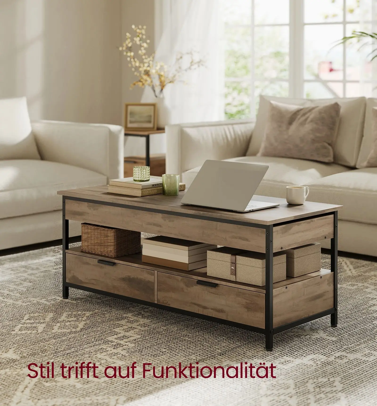 VASAGLE Höhenverstellbarer Kaffeetisch, Couchtisch, mit Schubladen, offenes Fach, 50 x 120 cm, braun-schwarz