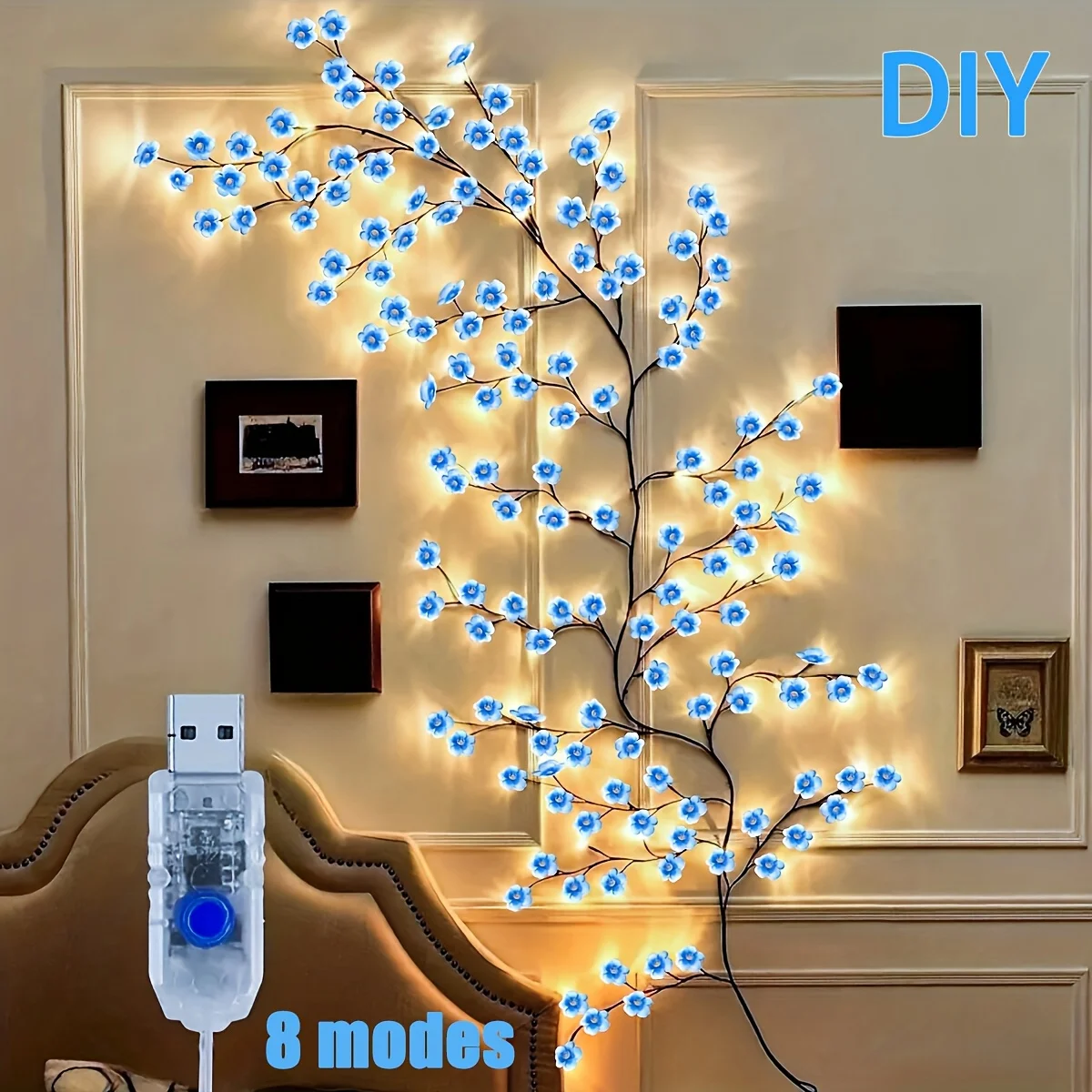 Kirschblüten-LED-Baumzweig-Lichter 8 Modi USB-betrieben Kirschblütenzweig-Dekoration Nachtlichter für Innenräume, Wände und Türen Image
