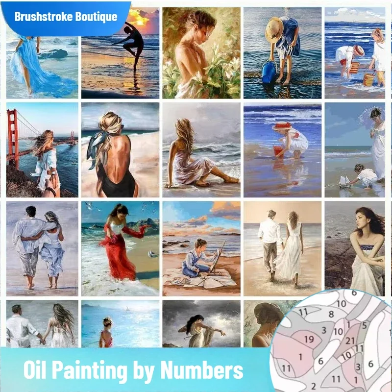 Pinselschlag rahmenlose Malen nach Zahlen Meereslandschaft Mädchen handgemalte Malerei Kunst Zeichnung auf Leinwand Geschenk DIY Bilder nach Zahlen Hom Image