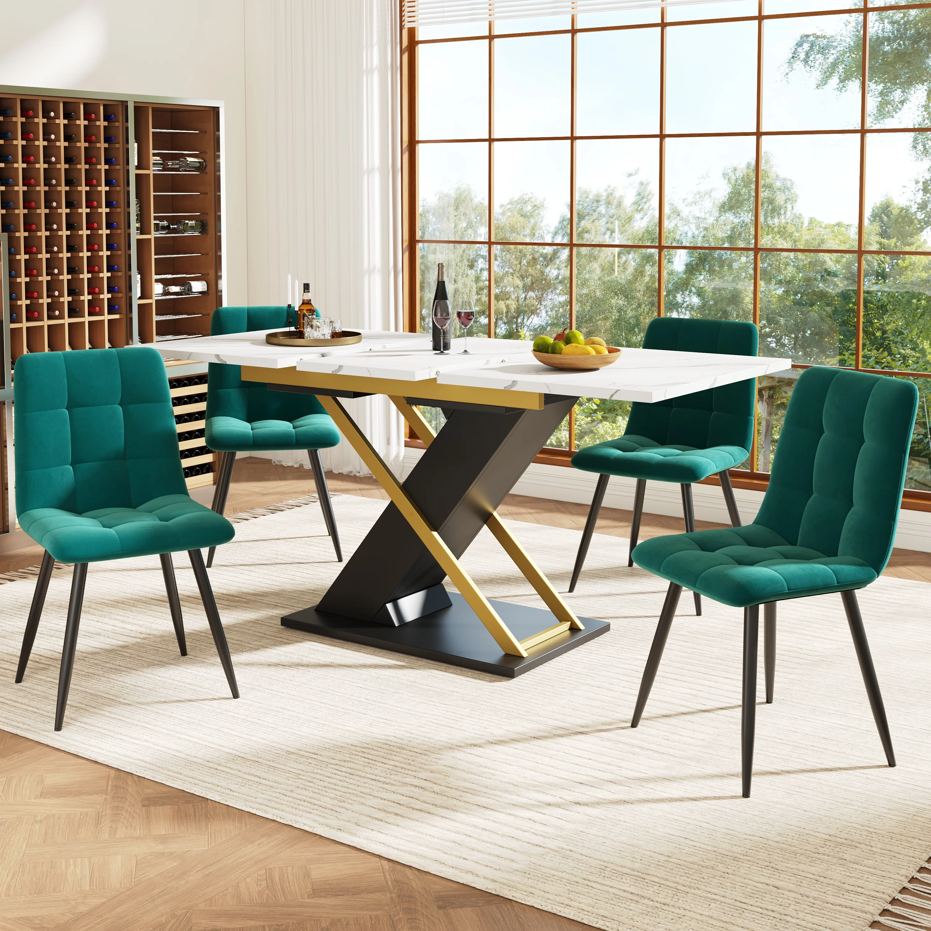 Tavolo da pranzo 160-200×60 cm Tavolo estraibile Tavolo da cucina soggiorno Tavolo estraibile su 160-200 cm Tavolo da pranzo con gambe sacrum dorate, Nero + Bianco