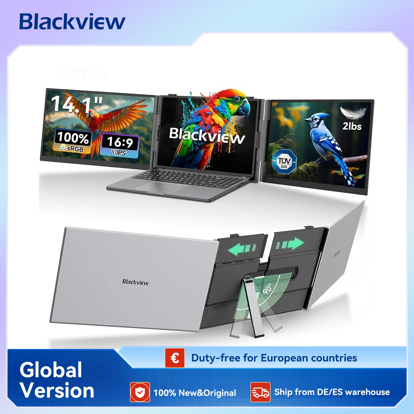 Blackview DCM6 Triple Laptop-Bildschirm-Extender, tragbarer 14-Zoll-1080P-FHD-IPS-Bildschirm, für 13-17-Zoll-Laptops, kompatibel mit Windows/Mac/Mobile Image