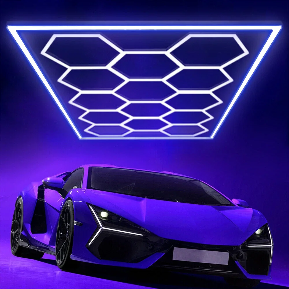 LED-Sechseck-Deckenleuchten, Wabenform, 14 Gitter, hohe Helligkeit, mit blauem Lichtrahmen für Werkstatt, Garage, Ausstellungshalle, Auto-Show Image