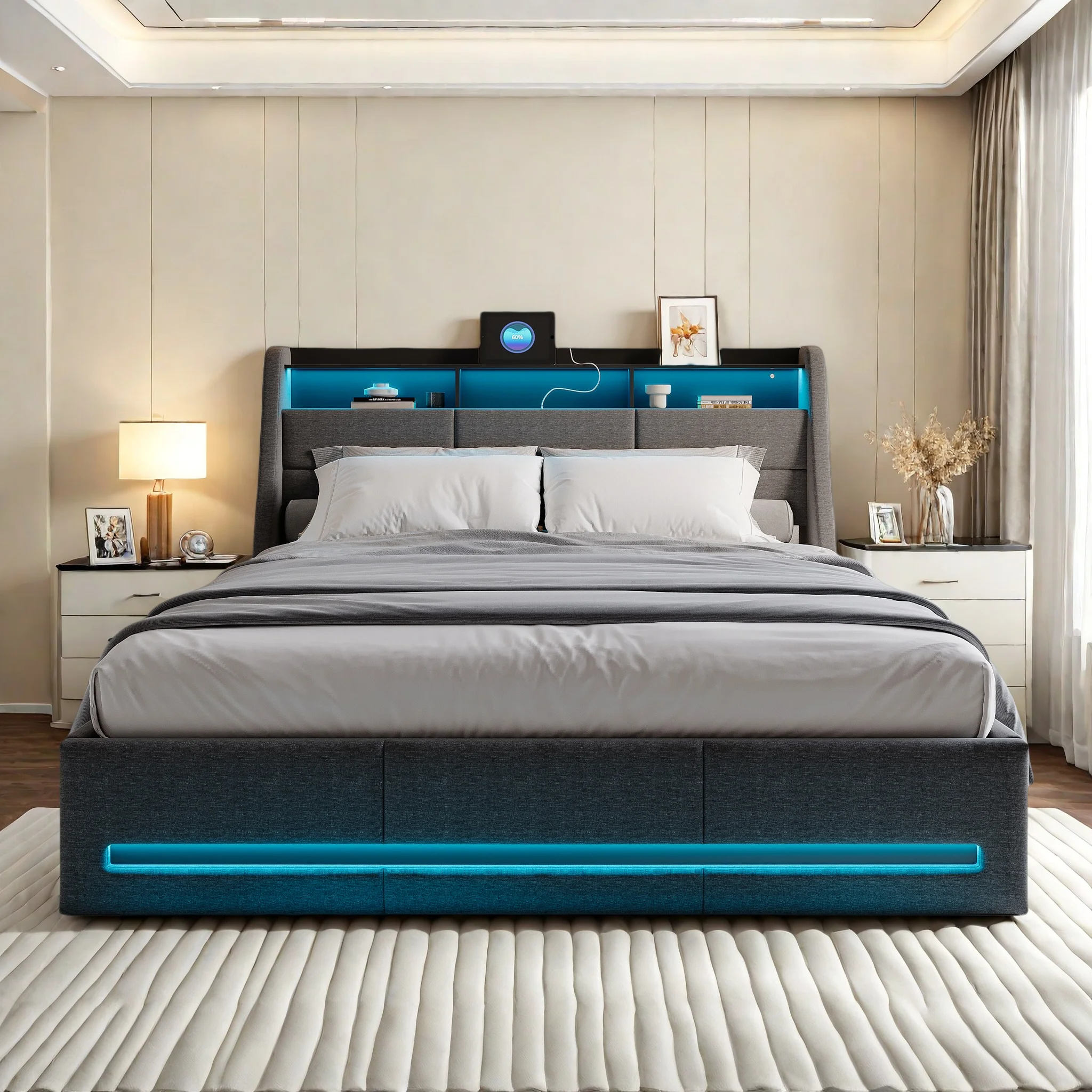 Rosahqnda Polsterbett 160x200 cm mit LED-Kopfteil, Doppelbett mit USB und Lattenrost, Hydraulischer Stauraum, Leinen Image