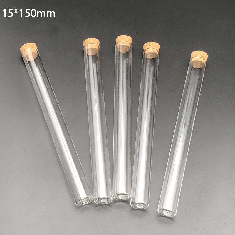 20 teile/paket 15x150mm Labor Transparent Flachen Boden Glas Test Rohre Mit Kork Holz Stopper für Labor Container