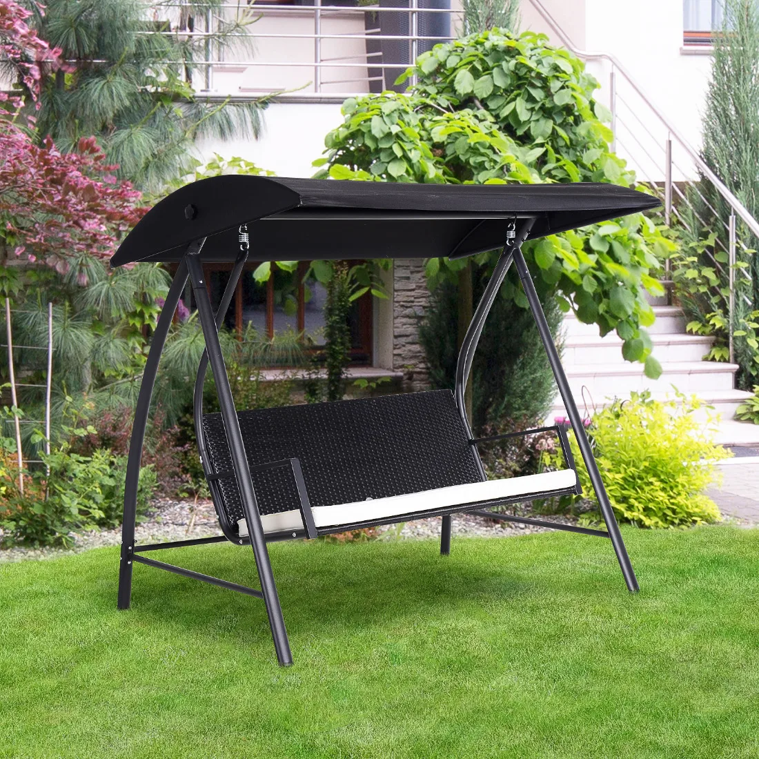 3-Sitzer-Schaukelstuhl aus schwarzem Polyrattan mit Baldachin – 198 x 124 x 179 cm große Gartenhängematte