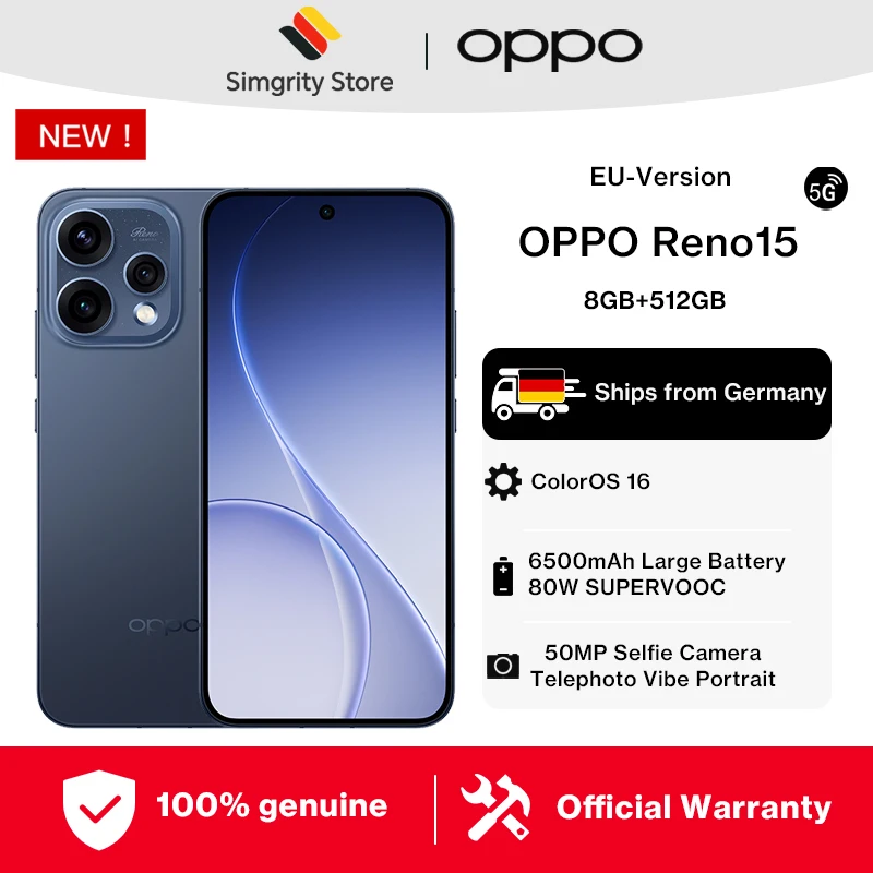 EU-Version Smartphone OPPO Reno15 5G 8 GB + 512 GB Blau, ColorOS 16.0, Snapdragon 7 Gen 4, 6500 mAh, 80 W, 6,59 Zoll, 2372 × 1080 Pixel, 50 MP OIS-Kamera, NFC, Wi-Fi 6, Bluetooth 5.4, GPS, offizielle