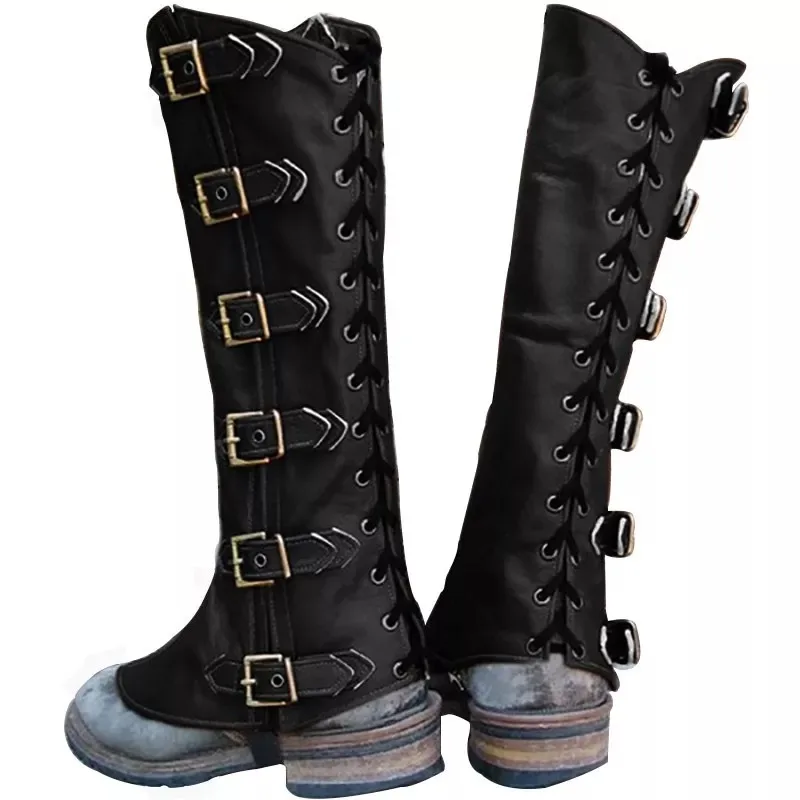 Mittelalterlichen Viking Ritter Leder Bein Rüstung Greaves Steampunk Stiefel Schuhe Abdeckung LARP Krieger Cosplay Kostüm Gamasche Für Männer Frauen Image