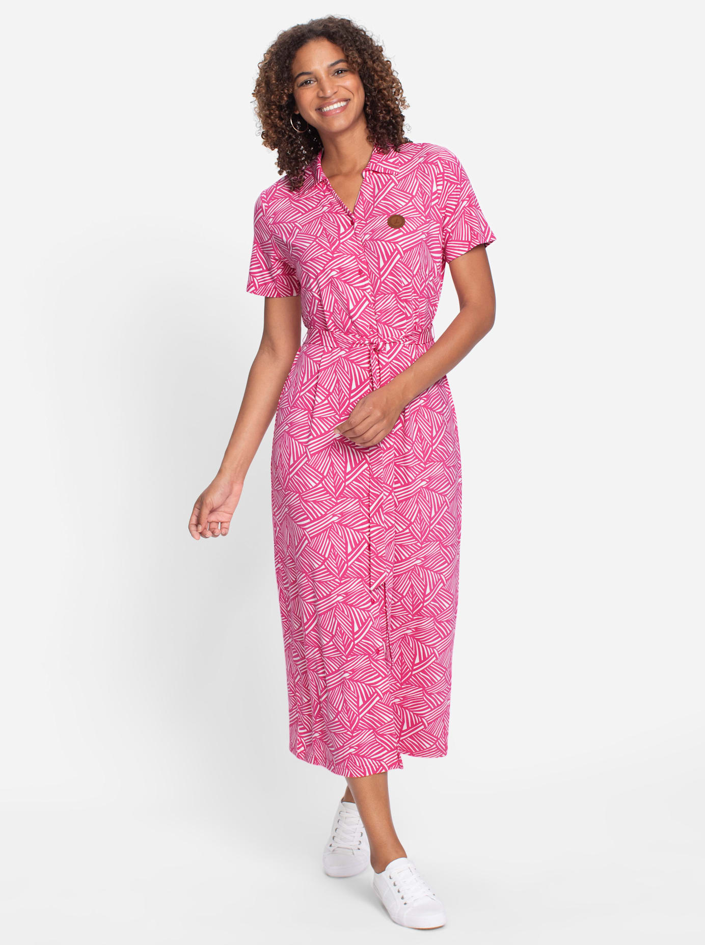 Jerseykleid CASUAL LOOKS "Jersey-Kleid", Damen, Gr. 24, Kurzgrößen, pink (fuchsia, weiß, bedruckt), Jersey, 95% Viskose, 5% Elasthan, gemustert, mehrfarbig, lang, V-Ausschnitt, Kleider Jerseykleid