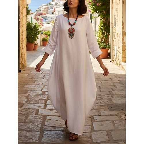 Damen Maxikleid Kunstbaumwollleinen Boho-Kleid Kaftan Kleid Freizeitkleid Elegant Mode Modern Outdoor Urlaub Ausgehen Lässiger Schnitt Einfach Langarm Rundhalsausschnitt Blau Schwarz Weiß Rote Image