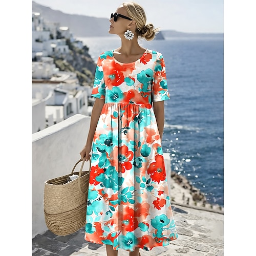Damen Midikleid Shiftkleid Urlaub Lässig Ferien Normale Passform Blumen Grafik Kurzarm Rundhalsausschnitt Blau Gelb Purpur Orange Sommer Frühling Image