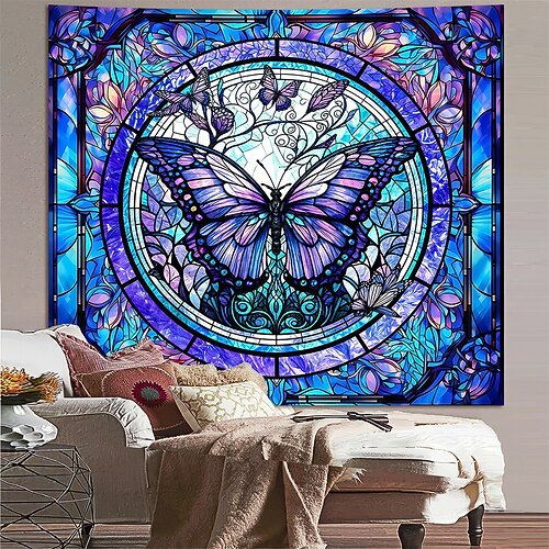 Wandteppich mit Sonnenblumen- und Schmetterlingsmotiven aus Buntglas – Vintage-Kunstdekor für Wohnzimmer, Schlafzimmer, Homeoffice Image