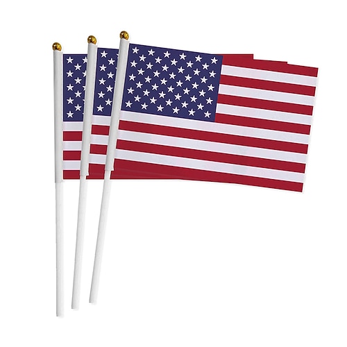 100 Stück handbetriebene Flaggen der Vereinigten Staaten, Unabhängigkeitstagsflagge, Polyester mit Stange, handbetriebene Flagge Image