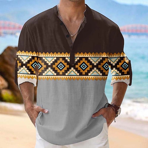 Herren Geometrisch aztekisch Stammes Hemd Knopfhemd Henley Hemd Langarm Vintage-Retro Lässig Urlaub Sommer Frühling Mandarinkragen Stehkragen 3D-Druck Leinenähnliches Hemd Blau Weiß Khaki Grau Image