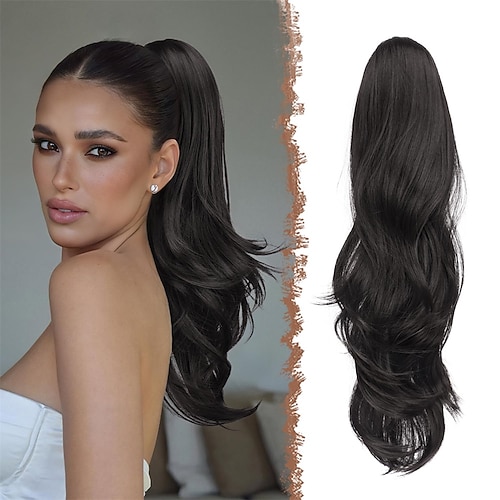 Haarverlängerung mit Kordelzug, natürlich lange, gewellte, gestufte Kunsthaar-Pferdeschwänze, natürliche schwarze Haarverlängerungen, Haarteile für Damen, 50 cm (20 Zoll) Image