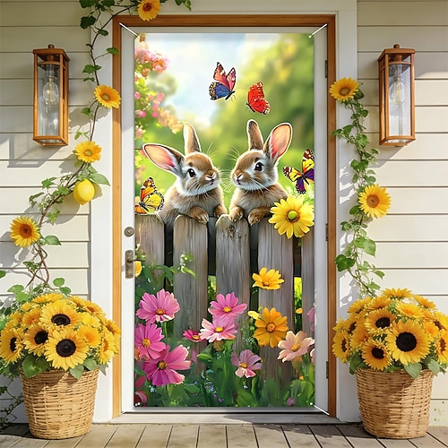 Ostern Poster Türabdeckung Banner für den Außenbereich Rabbit Niedlich 3D Party Wohnheim Jugendzimmer Studentenwohnheim Jungs, Männerhöhle, Studentenwohnheim Hintergründe aufnehmen Wohndeko Image